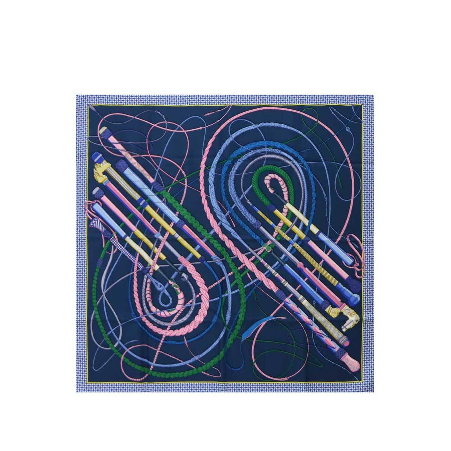 Hermes Hermès Carré 90 "Fouets et Badines" (Whip and Grip) Large Scarf, 100% Silk, Blue Petrol, Multicolor