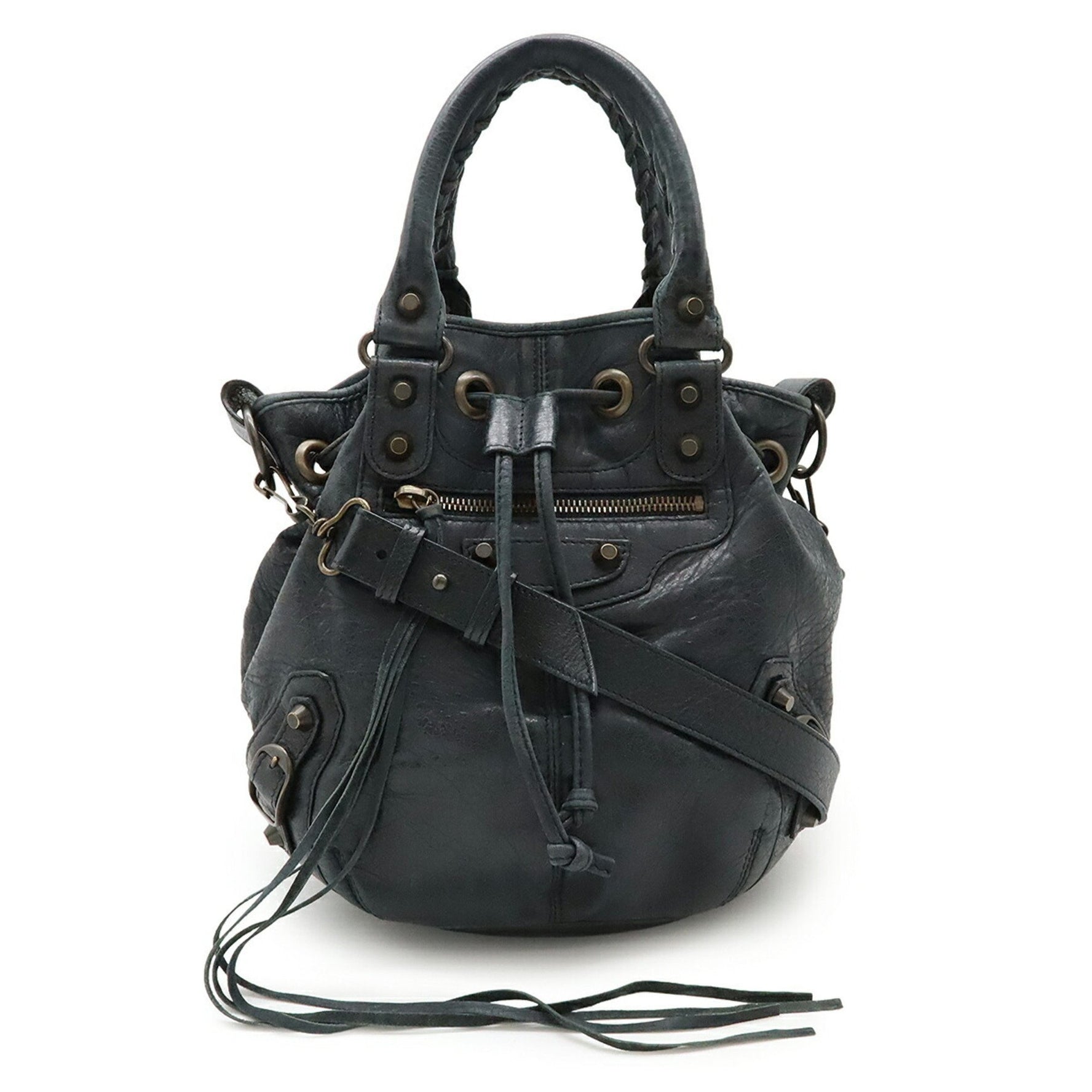 BALENCIAGA Classic Mini Pom Handbag/Shoulder Bag, Dark Grey Leather, Mirror Missing,