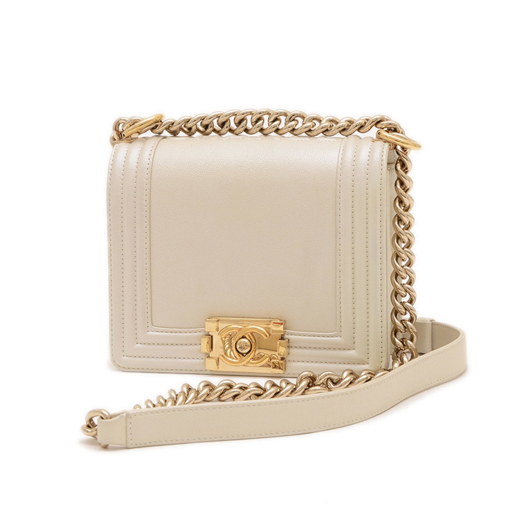 Chanel Boy Chain Shoulder Bag Calf Pearl White Gold Hardware AS3018 BP