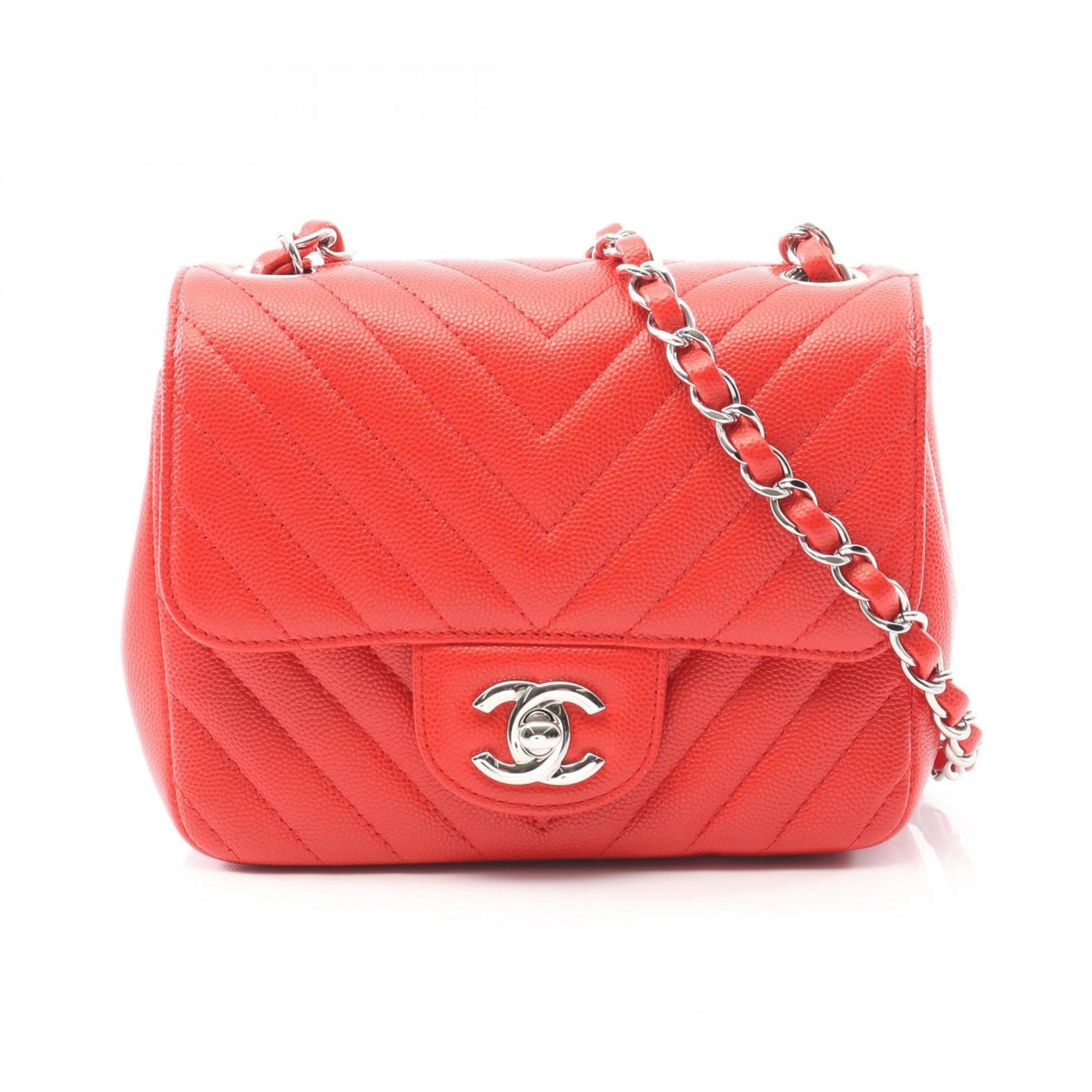 CHANEL Chevron V-Stitch Shoulder Bag, Leather, Red