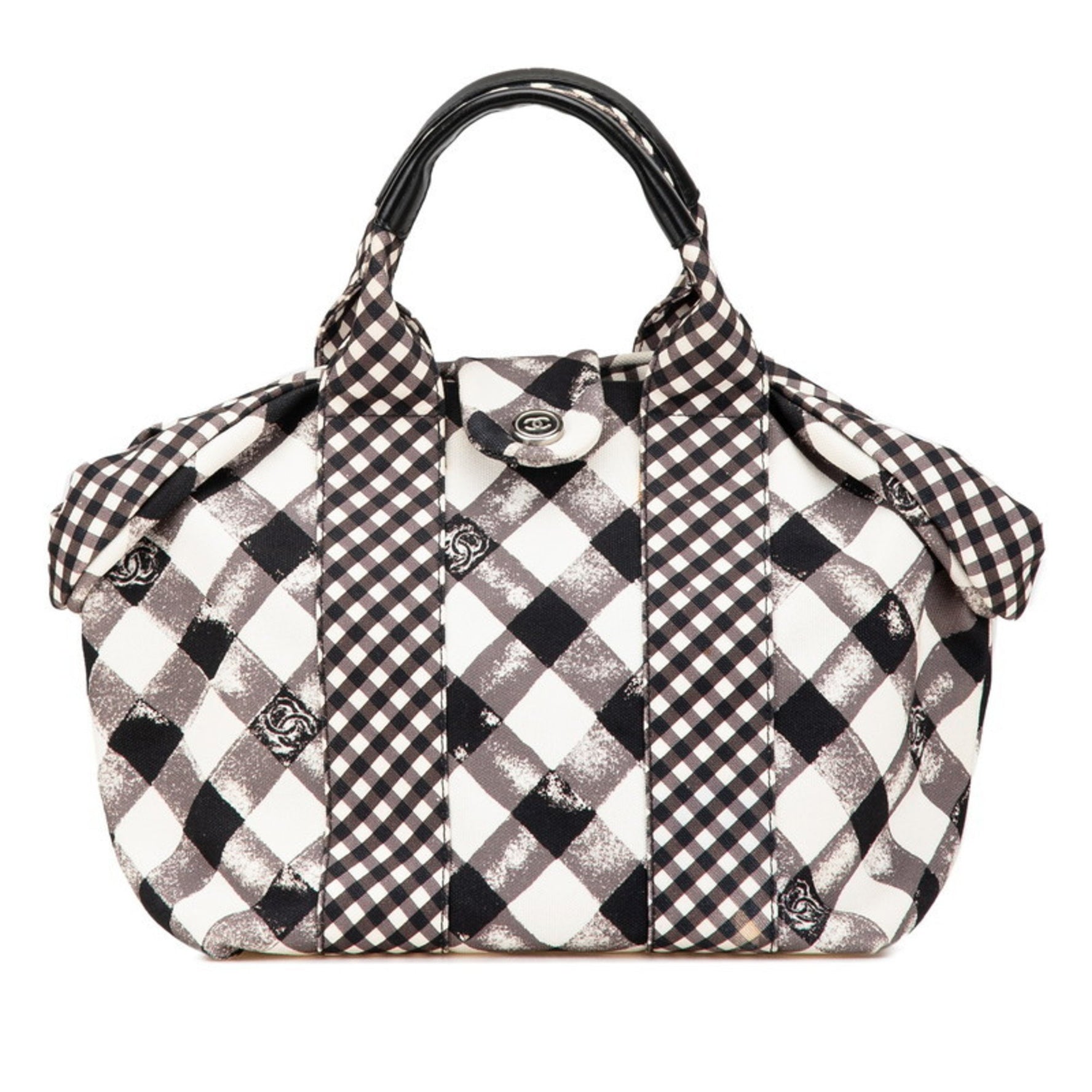 CHANEL Cruise Line Gingham Check Coco Mark Handbag Black White Canvas Leather