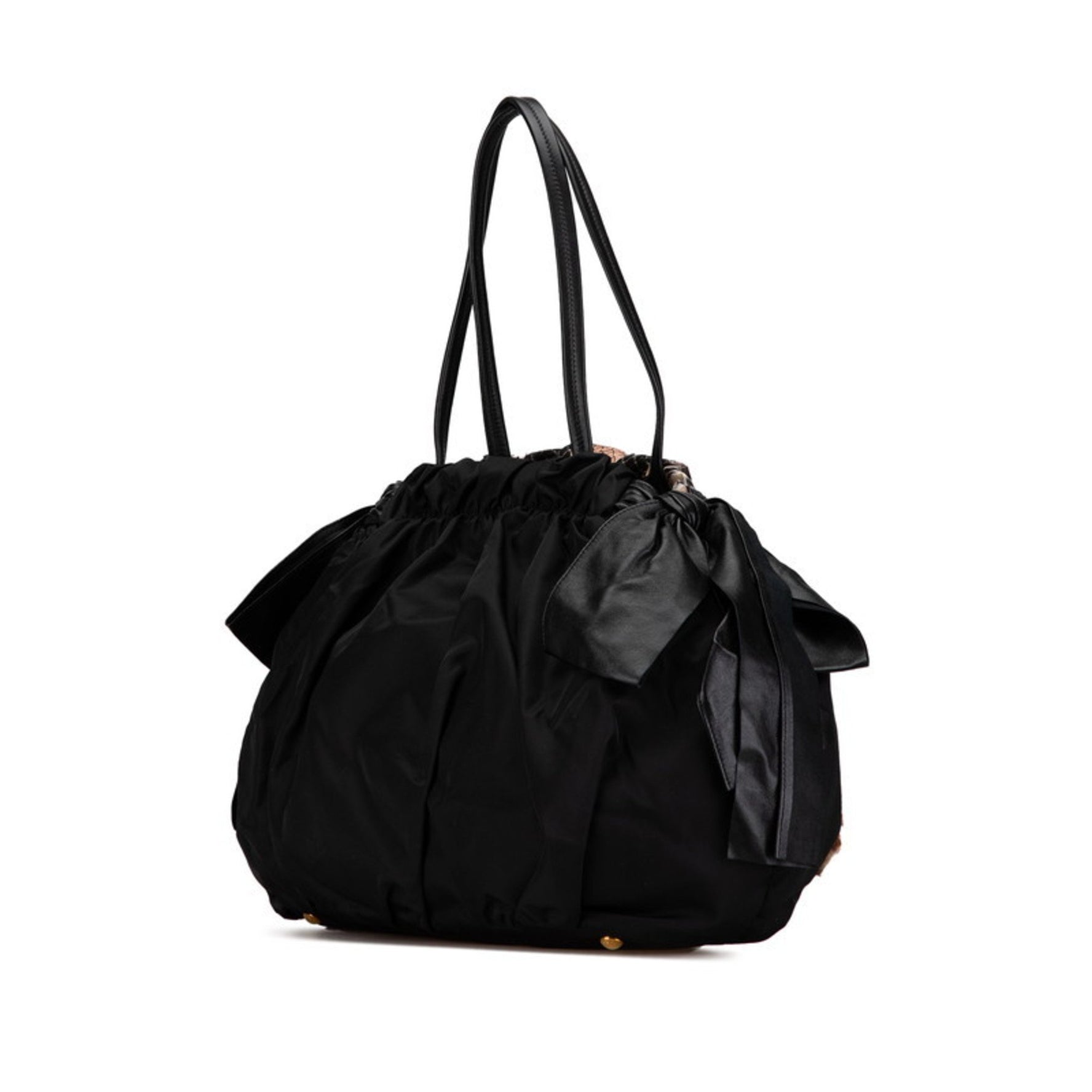 Prada Ribbon Python Motif Handbag Black Beige Nylon Leather