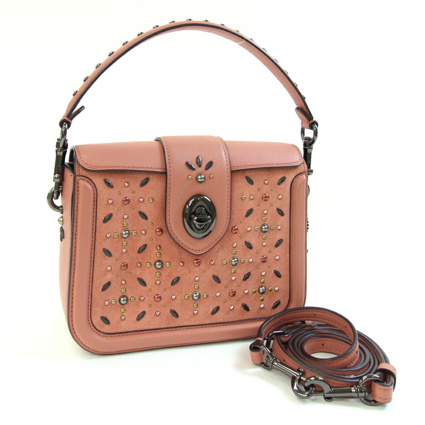Coach Paige Handbag Pink Brown Leather Suede Mini Shoulder Bag with One Handle and Studs