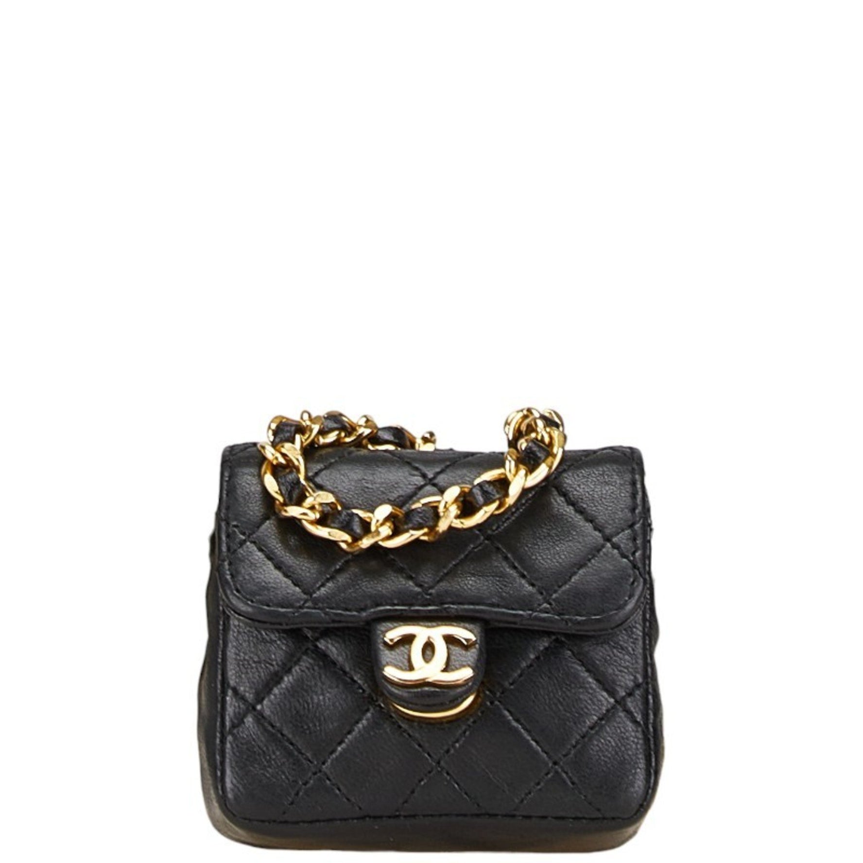 CHANEL Micro Mini Matelasse Coco Mark Chain Shoulder Bag in Black and Gold Lambskin