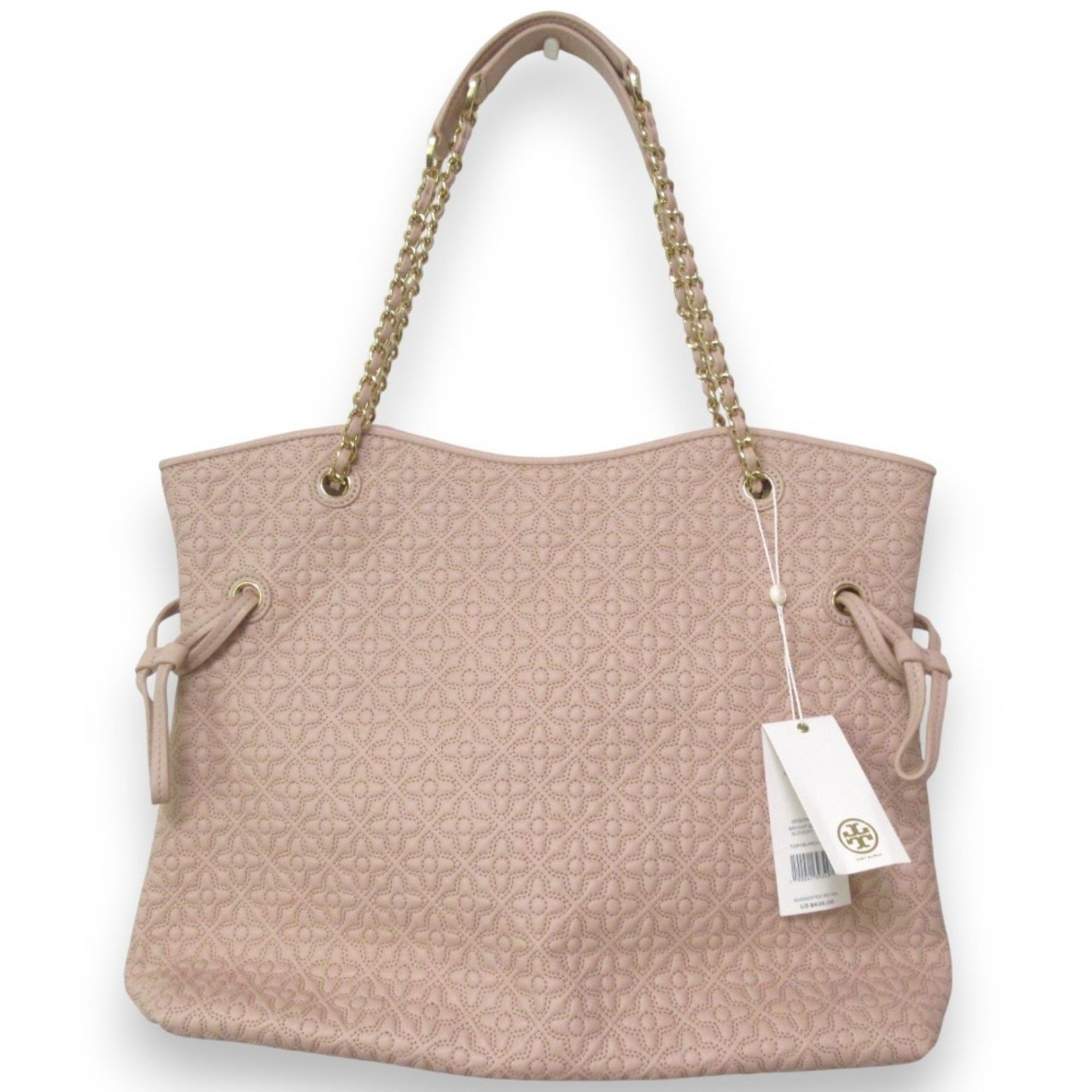 Tory Burch BRYANT QUILTED SLOUCHY TOTE Chain Handle Tote Bag Pink Beige