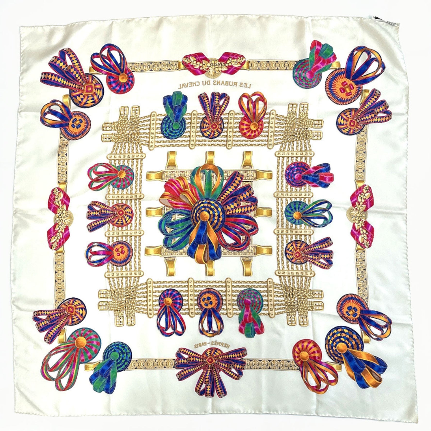HERMES Carre 90 LES RUBANS DU CHEVAL Horse Ribbon Scarf Muffler Silk