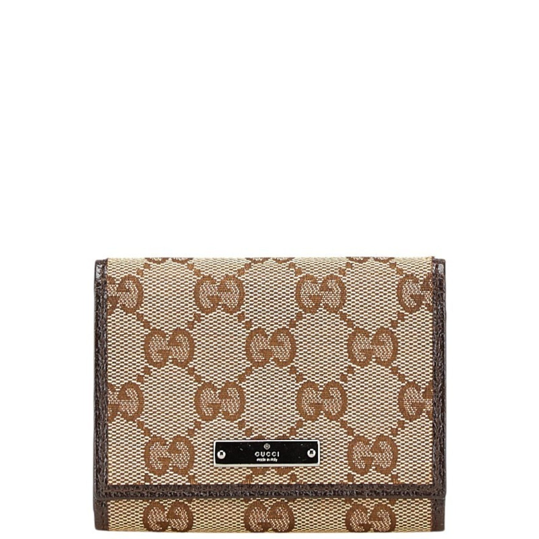 Gucci GG Canvas Logo Plate Card Case Beige Dark Brown Leather Women's GUCCI