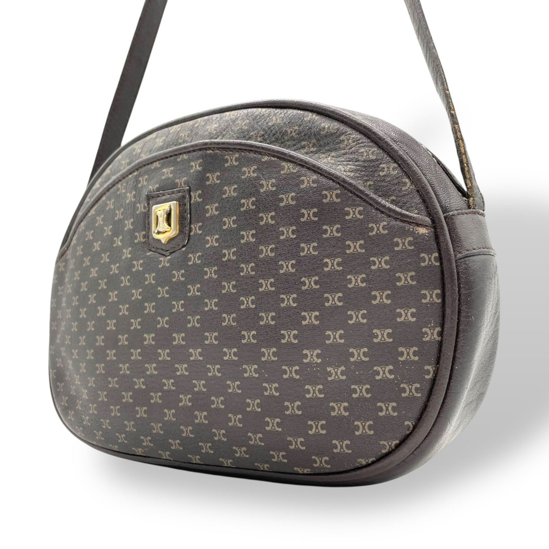 CELINE Old Macadam Triomphe Shoulder Bag in Leather with Gold Hardware, Crossbody Bag, Mini Pochette, Size