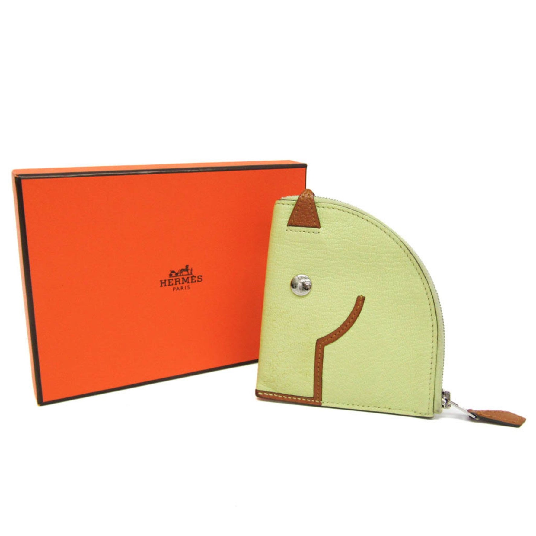 Hermes Paddock Chevre Leather Coin Purse/coin Case Brown,Light Green