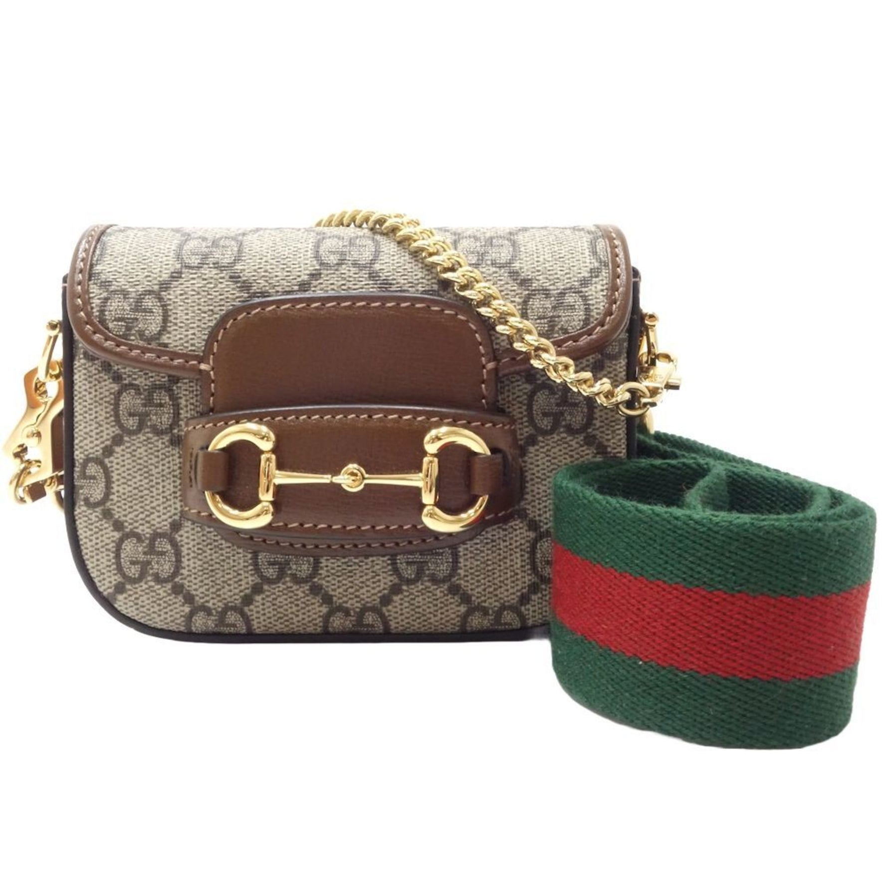 GUCCI Wallet Chain Shoulder Strap Horsebit GG Supreme Canvas Beige Brown
