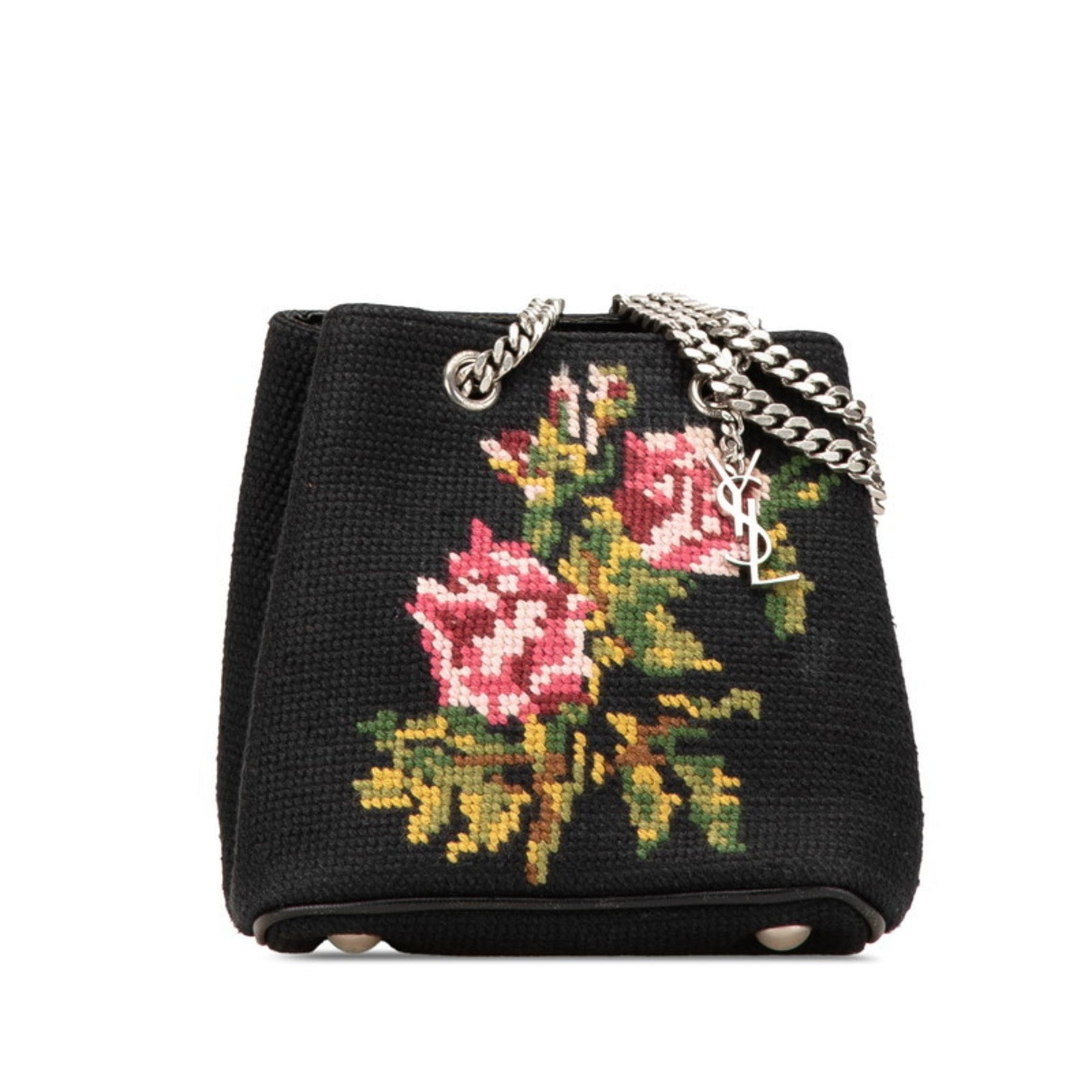 Saint Laurent Flower Motif Chain Shoulder Bag Black Multicolor Canvas Women's SAINT LAURENT