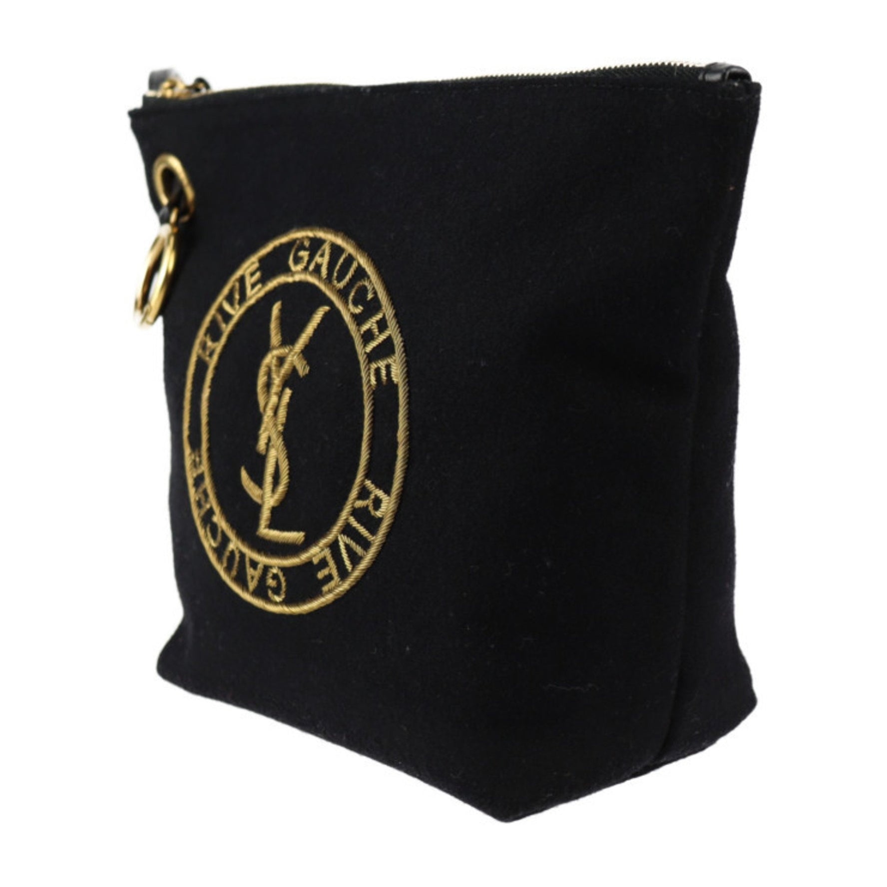 Yves Saint Laurent SAINT LAURENT PARIS Saint Laurent Paris Embroidered Pouch Rive Gauche Second Bag Wool Calfskin Leather Brass Black Gold YSL Clutch Wristlet