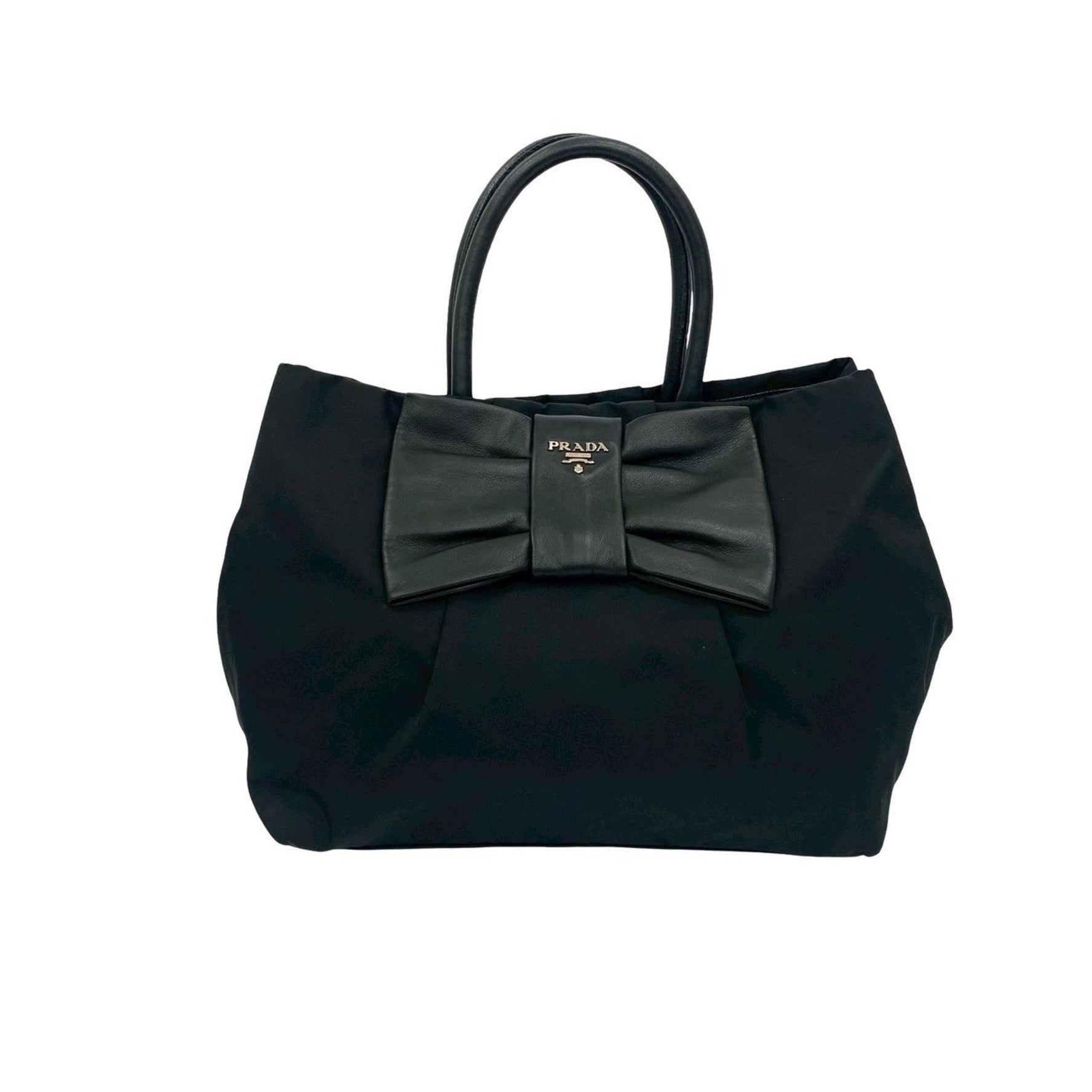 PRADA logo hardware nylon and leather ribbon motif handbag tote bag in