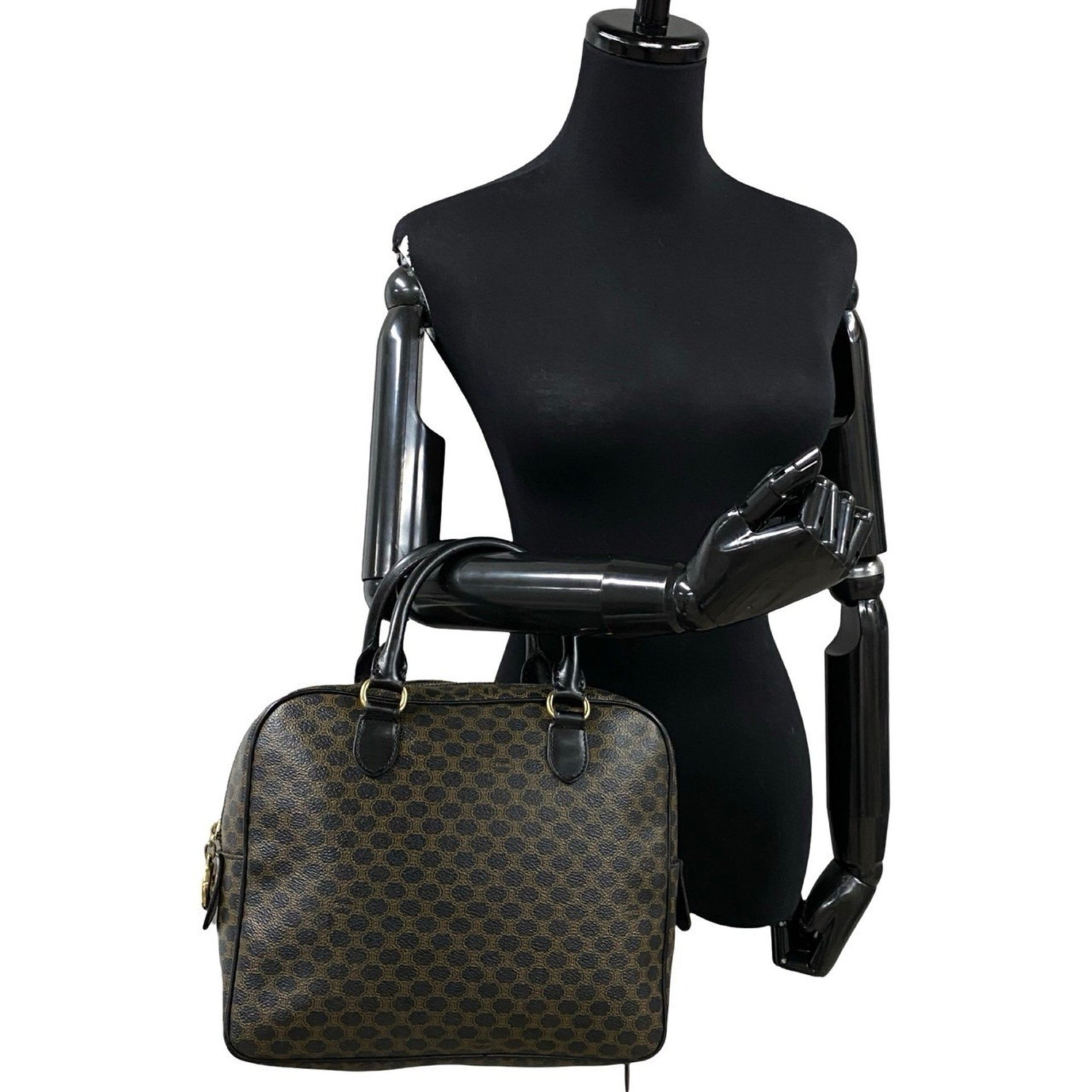 CELINE Macadam Blason Triomphe Leather Handbag/Mini Boston Bag, Black, 3598