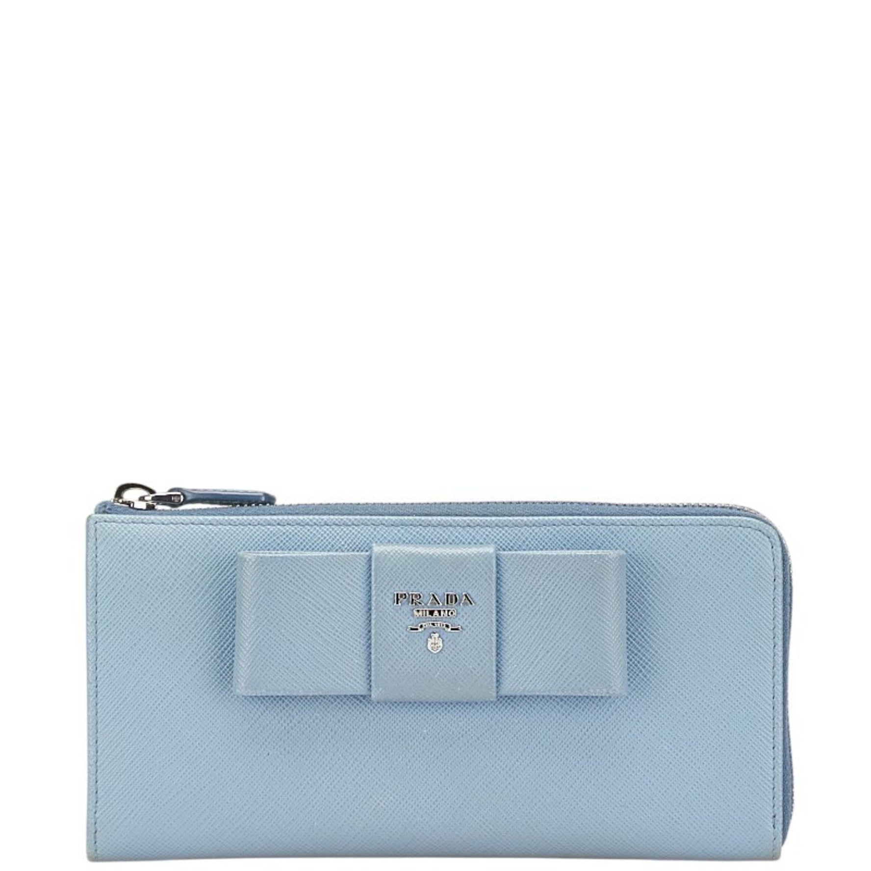 Prada Fiocco Ribbon Motif L-Zip Long Wallet Light Blue Saffiano Leather
