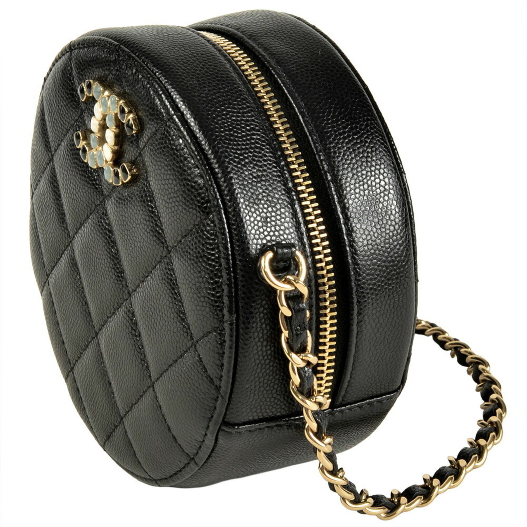 CHANEL Round Chain Shoulder Bag Caviar Skin Jeweled Coco Mark