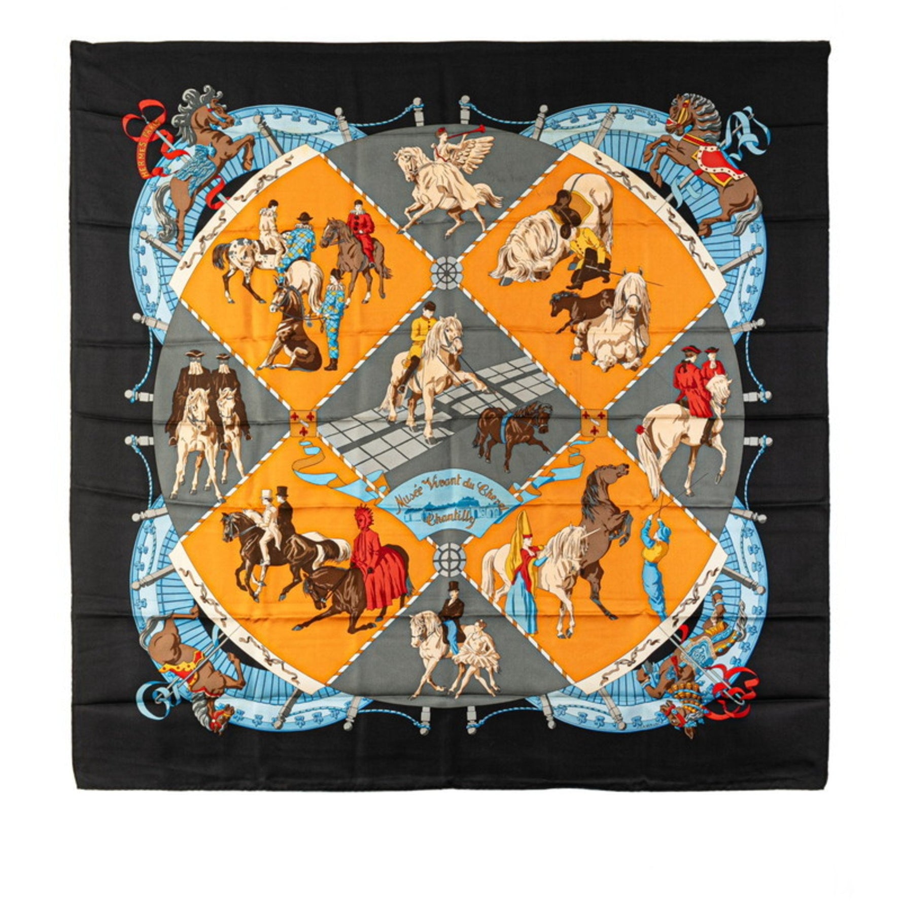 Hermes Carré 90 Musee Vivant du Cheval Chantilly Castle Horse Museum Scarf Muffler Black Multicolor Silk Women's HERMES