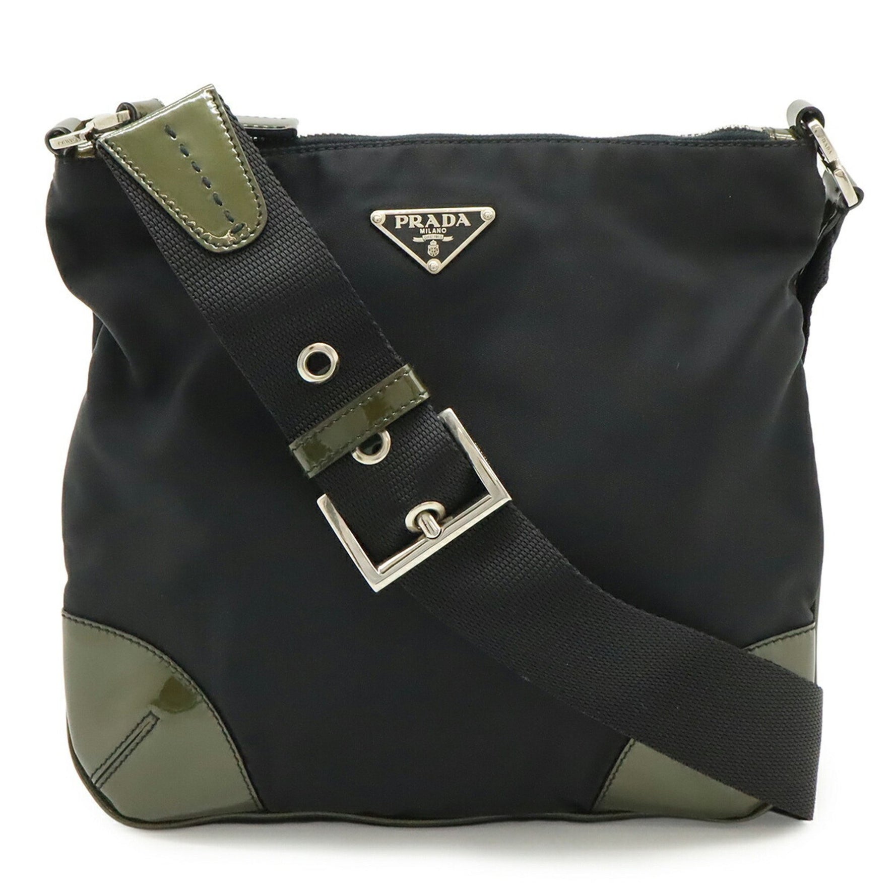 PRADA Triangle Shoulder Bag in Nylon, Patent Leather, Black, and Khaki. ANTRACI