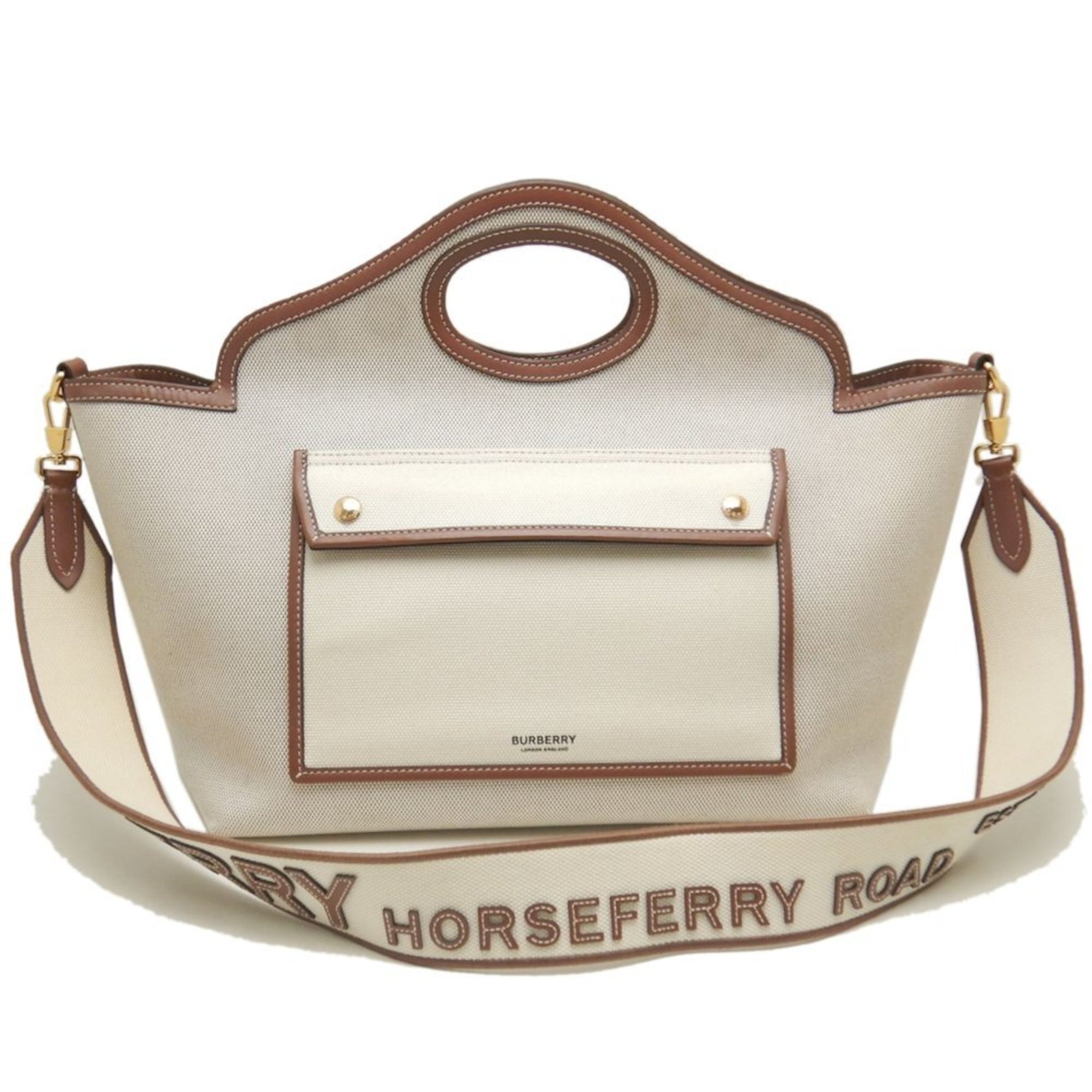 BURBERRY Small Soft Pocket Tote Bag Canvas and Leather Natural Tan