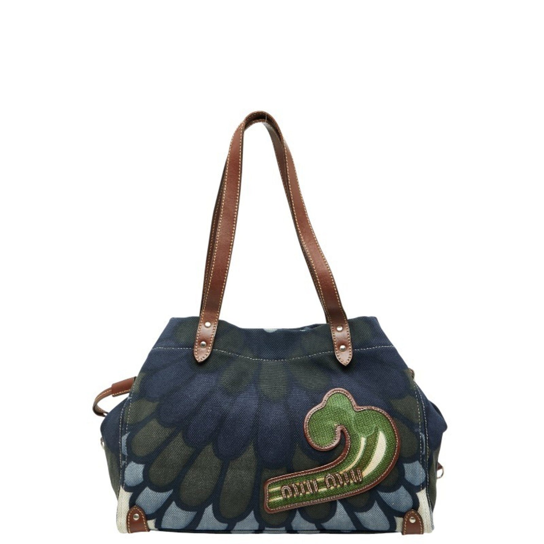 Miu Miu Miu logo flower Hana handbag tote bag in navy and multicolor leather canvas. MIUMIU
