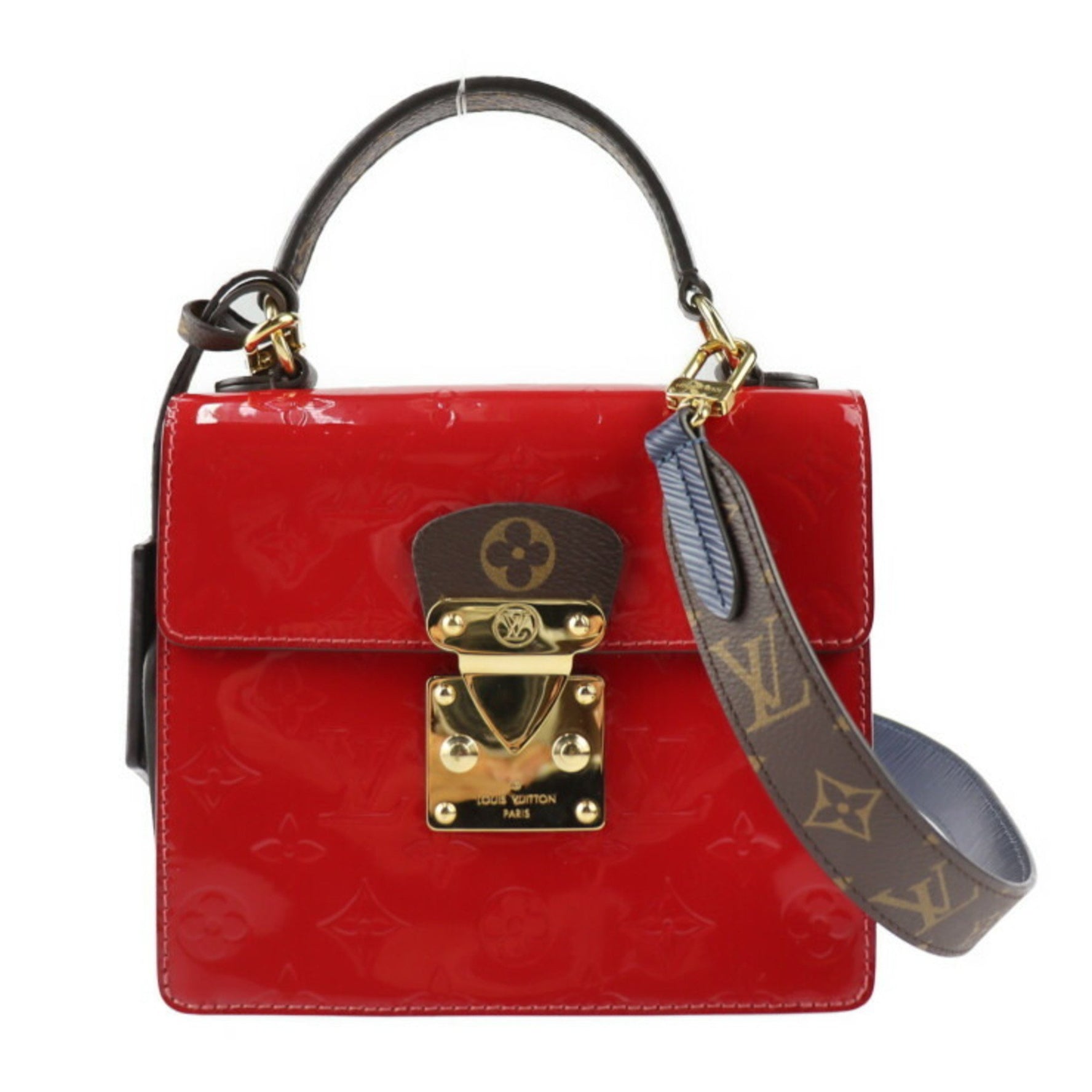 Louis Vuitton Spring Street PM Handbag Vernis x Epi Monogram Canvas Scarlet Blue Brown Gold Hardware Shoulder Bag