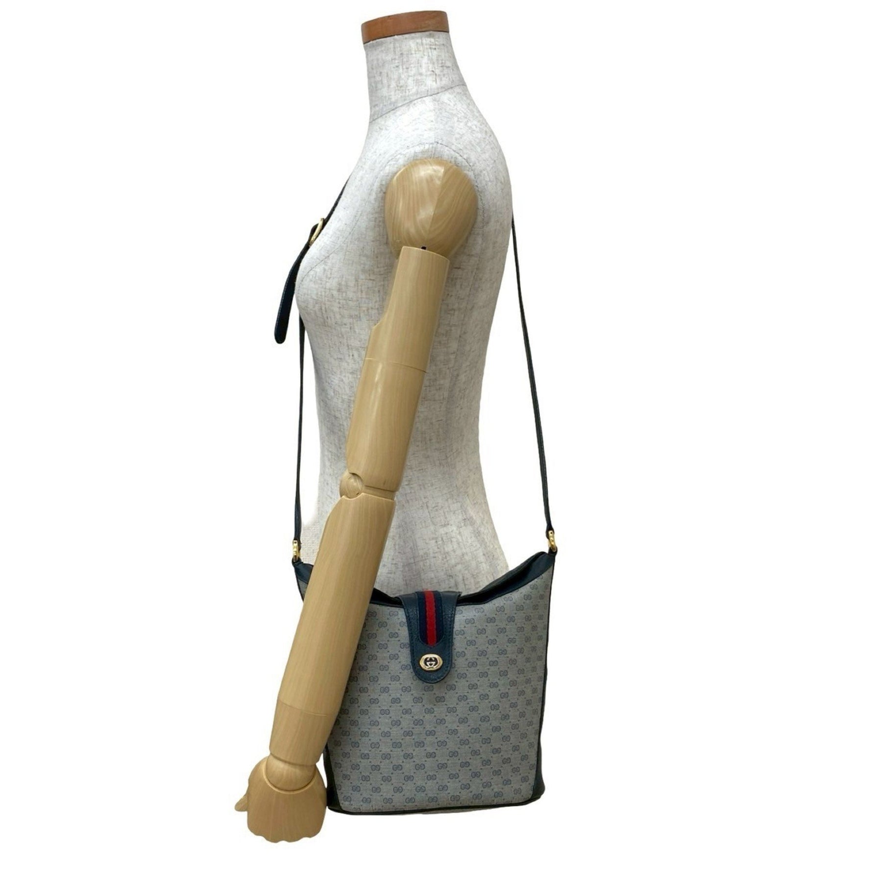 GUCCI Old Gucci Sherry Line Micro GG Logo Hardware Leather Shoulder Bag Navy
