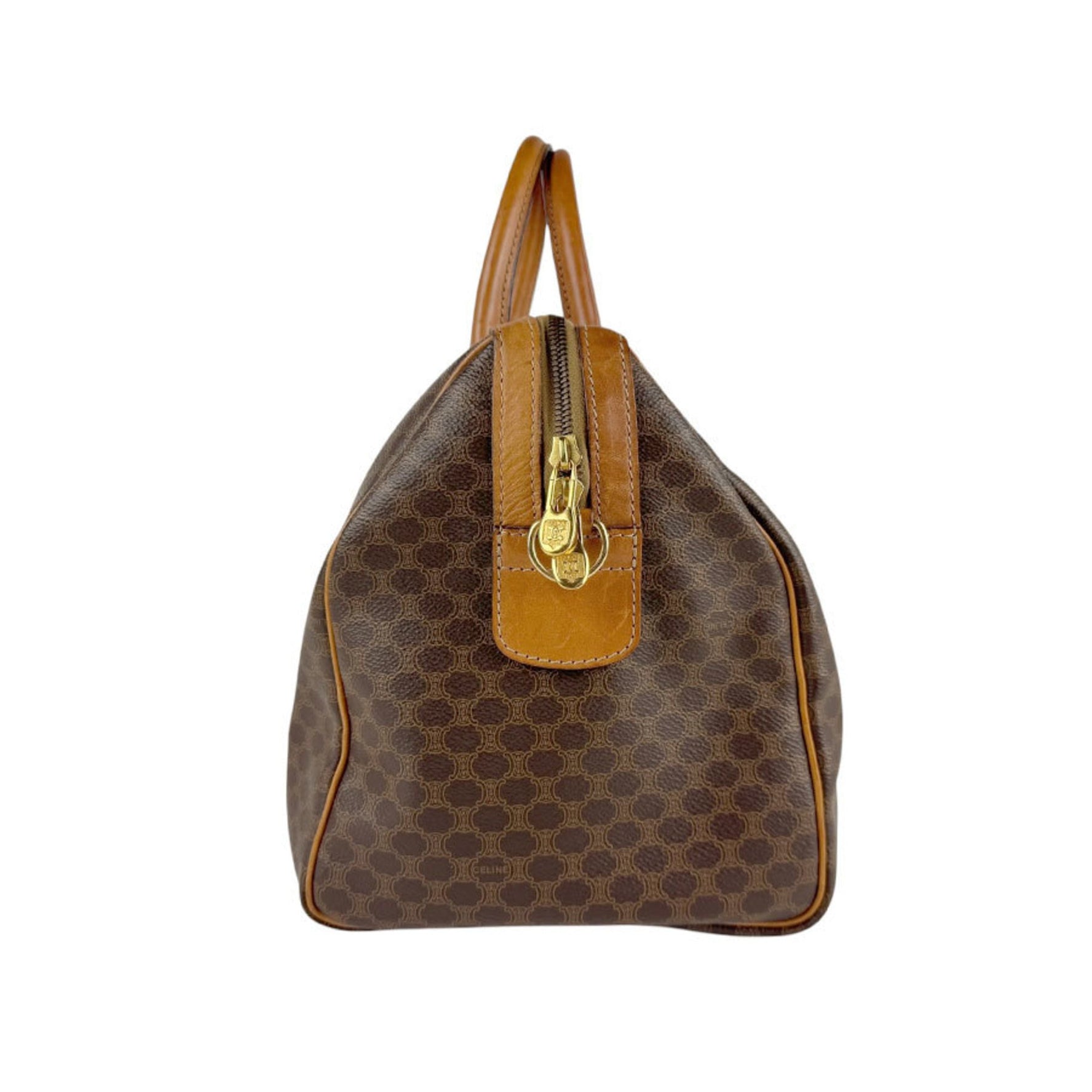 Celine Boston Bag, Macadam Coated Canvas and Leather, Brown, for Men Women, Z6523
