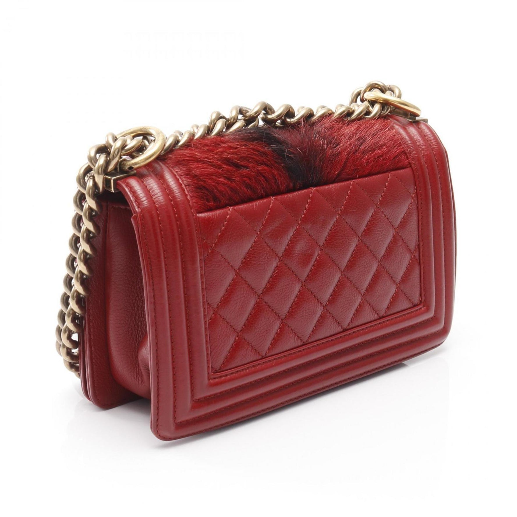 CHANEL Boy Small Shoulder Bag, Leather and Fur, Red