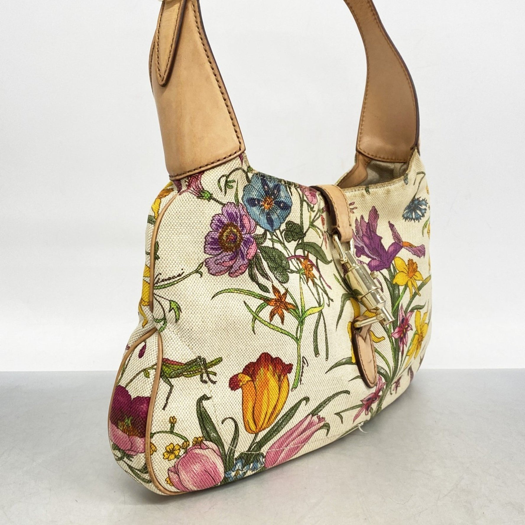 Gucci Flora New Jackie Shoulder Bag Canvas Beige Multicolor Champagne