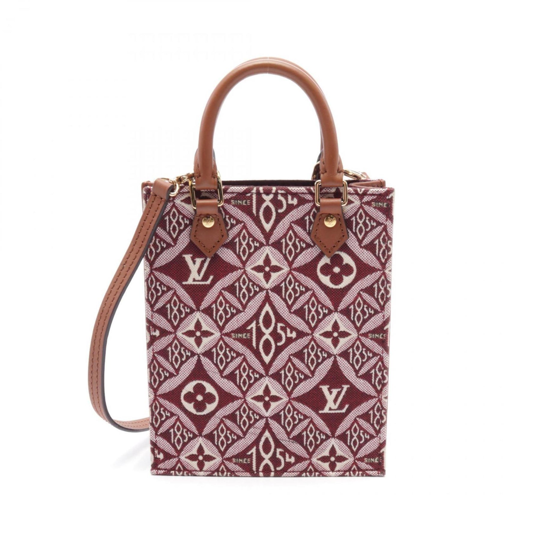 Louis Vuitton Petite Sac Plat Monogram Jacquard Handbag Canvas Leather Bordeaux Brown Bags