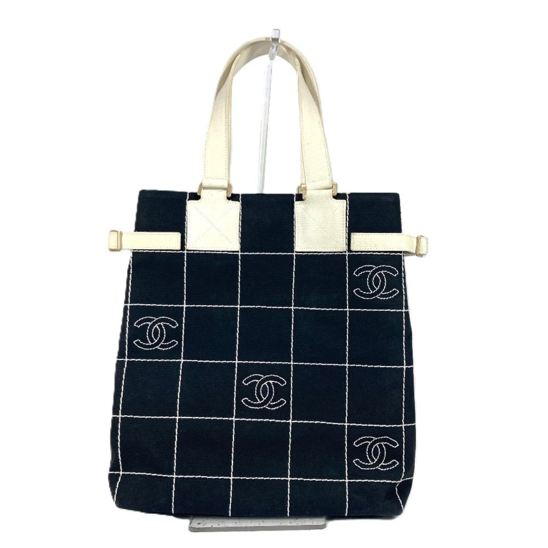 CHANEL CC Coco Mark Bicolor Tote Bag, Vertical Logo Shoulder Canvas, Black