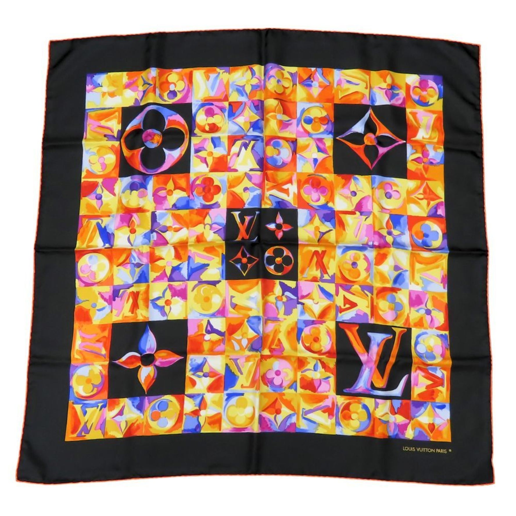 Louis Vuitton Scarf/Muffler Silk Black Orange Multicolor Monogram LOUIS VUITTON