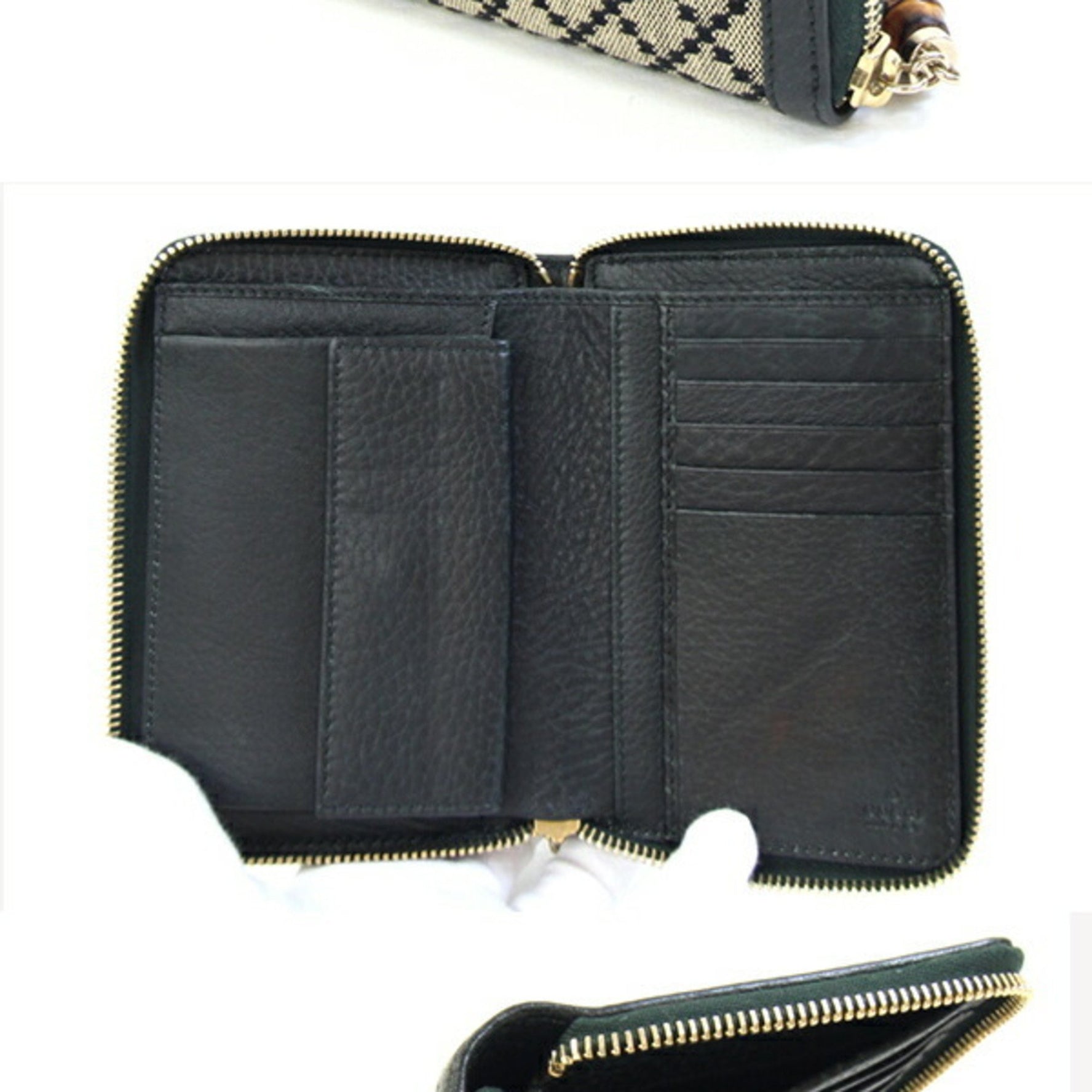 Gucci Diamante Round Wallet Green Canvas and Leather Bifold with Zip Bamboo Tassel for Women