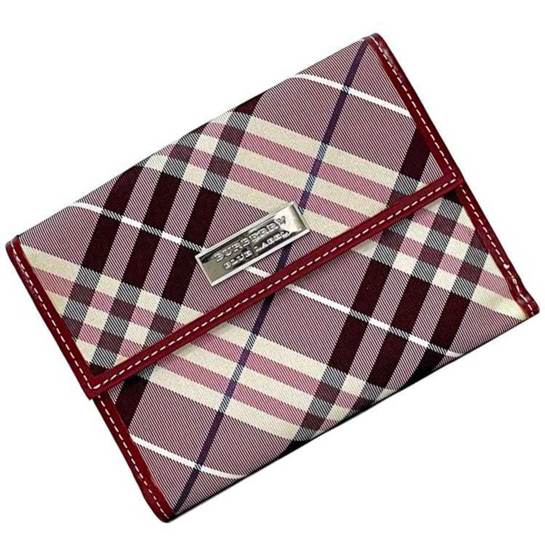 Burberry Bifold Wallet Red and Pink Check Canvas Leather Double Compact Checked Mini Folding