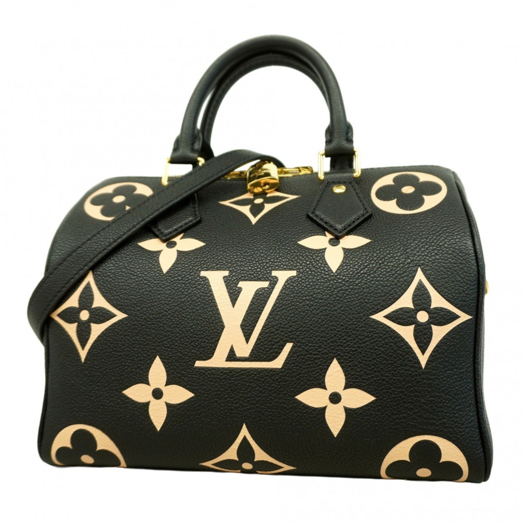 Louis Vuitton Monogram Empreinte Two-Tone Speedy Bandouliere 25 Handbag Black/Beige Women's
