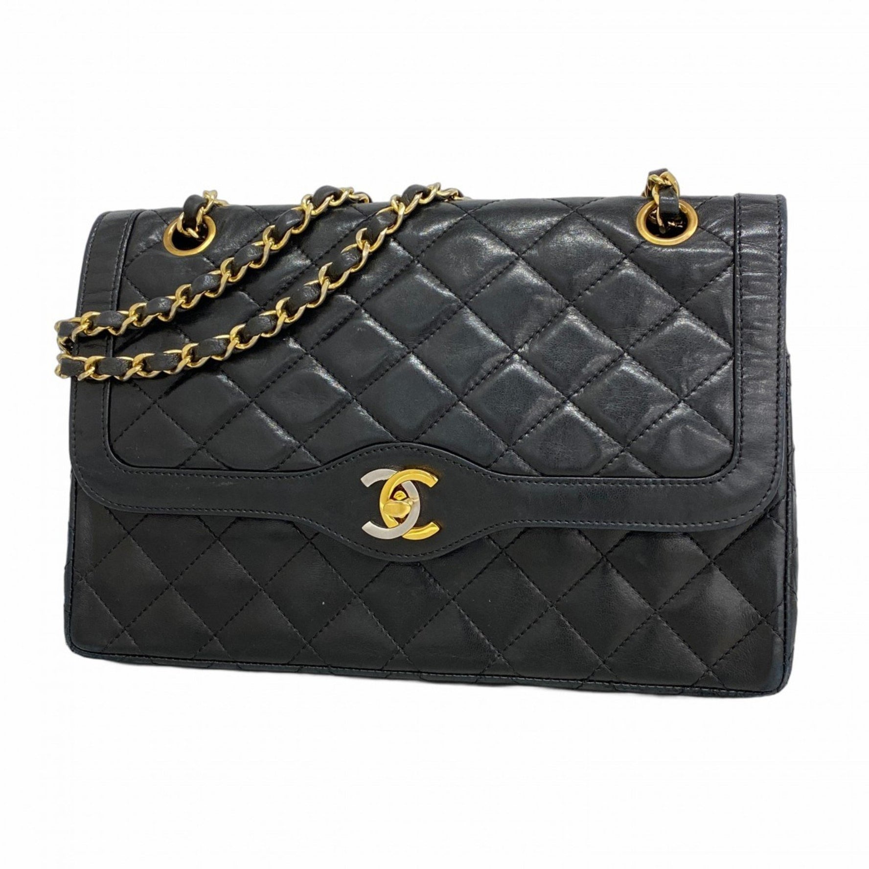 Chanel Matelasse Shoulder Bag, Paris Limited Edition, Double Flap, Chain, Lambskin, Black, Gold, Women's