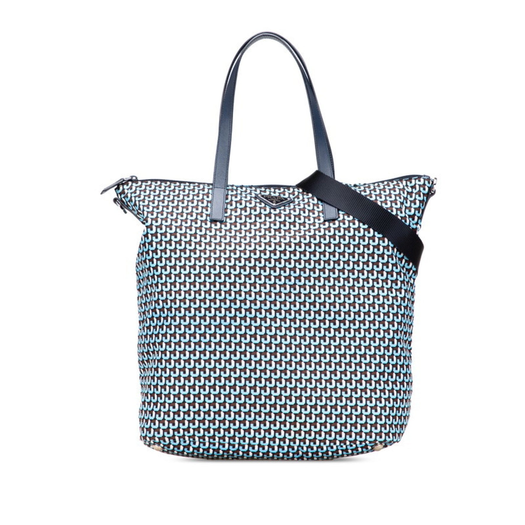 Prada All-Over Triangle Logo Tote Bag/Shoulder Bag, Navy Blue/Brown, Nylon and Leather