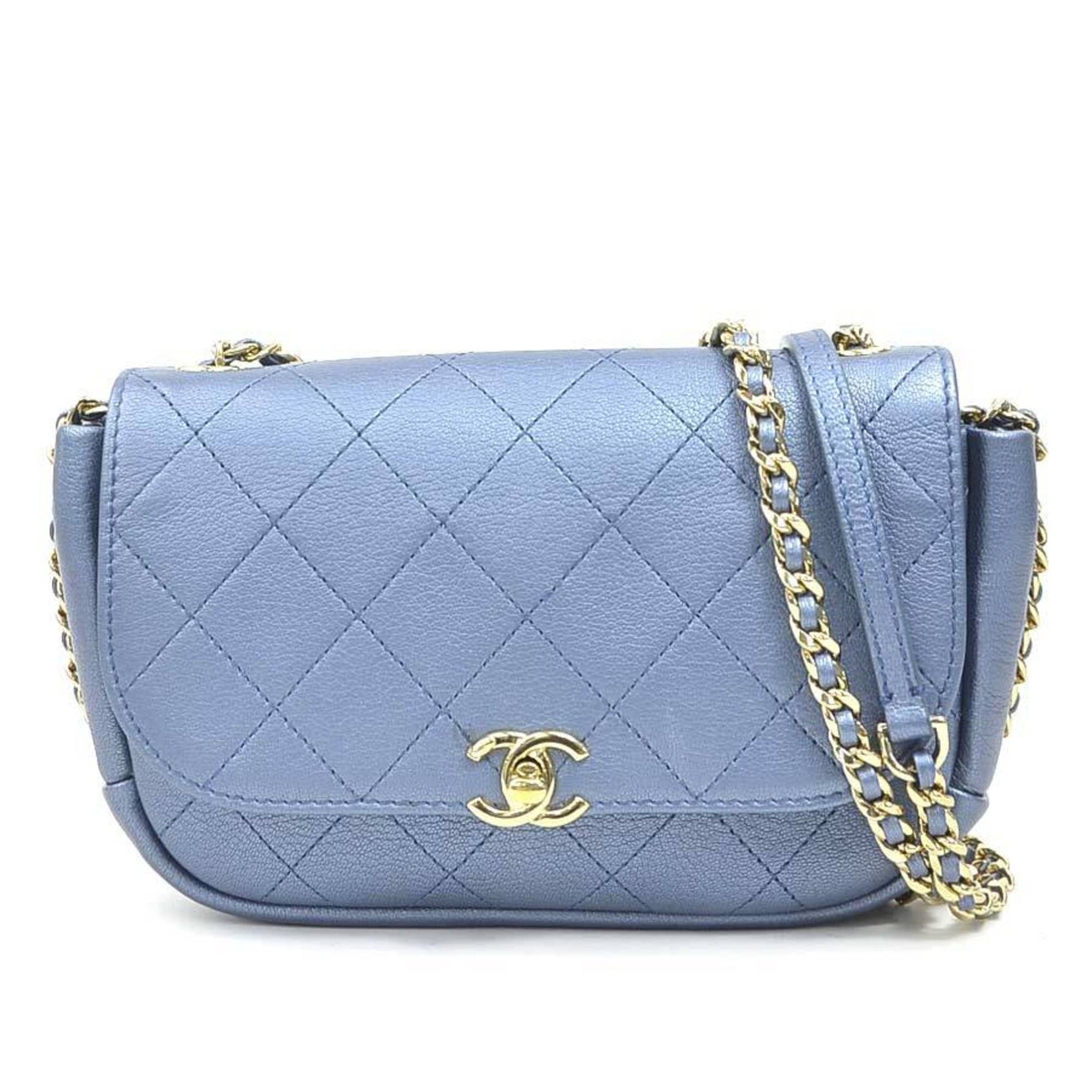 CHANEL Shoulder Bag, Leather, Metallic Blue and Gold