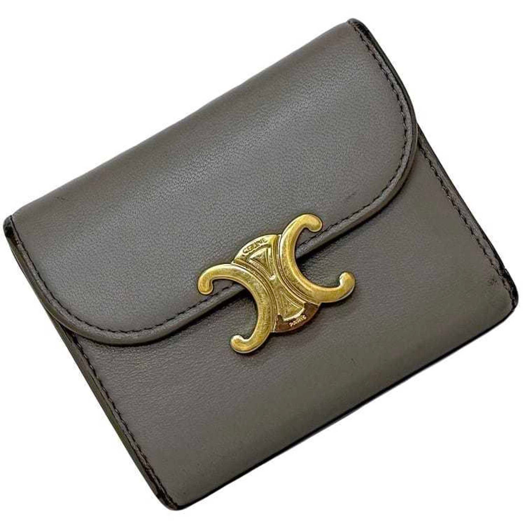 Celine Tri-fold Wallet ec-23083 Beige Triomphe Leather S-AT-3261/S-FG-3281 CELINE Folding Compact Genuine Metal Fittings Women's