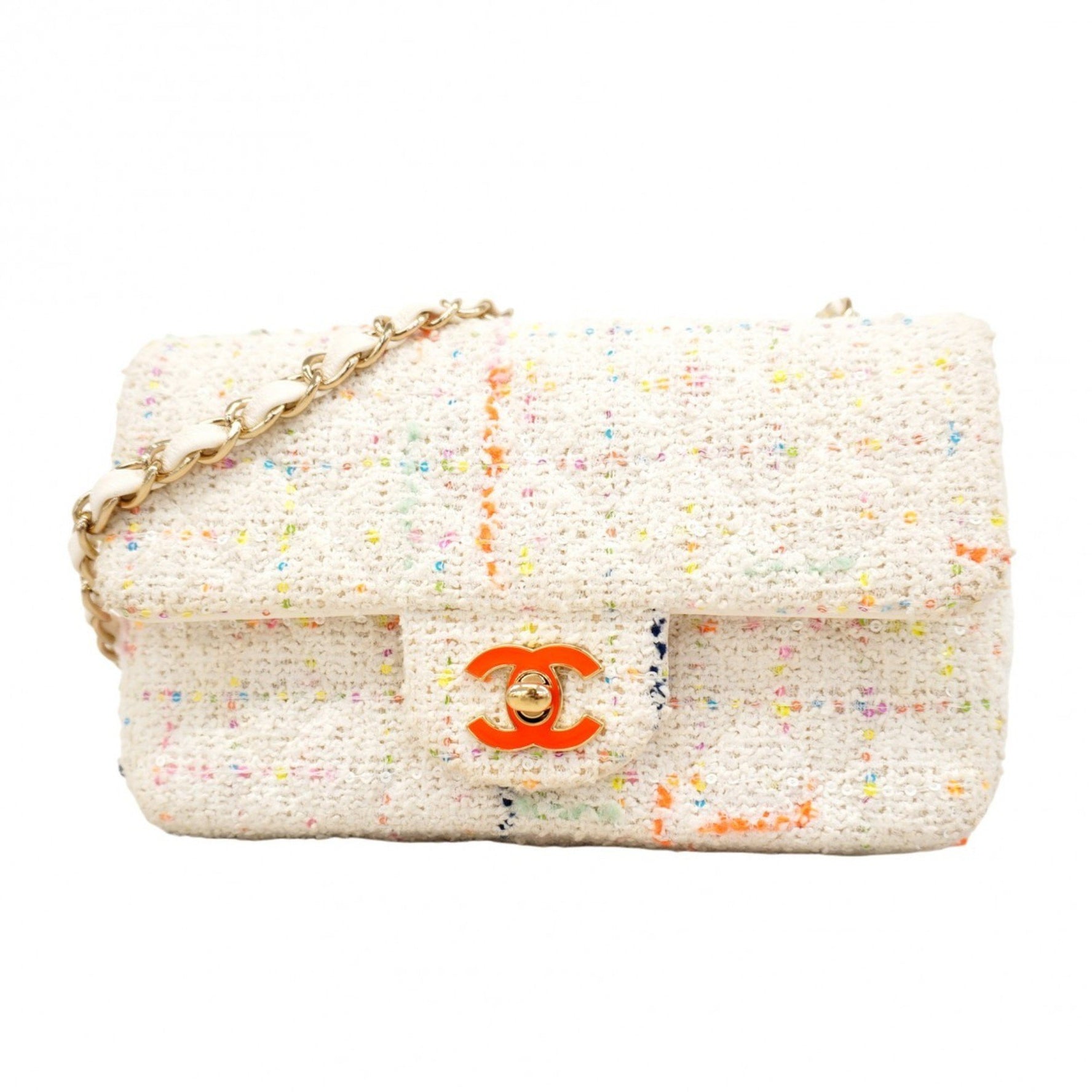 Chanel Mini Matelasse Shoulder Bag with Chain in White and Multicolored Tweed