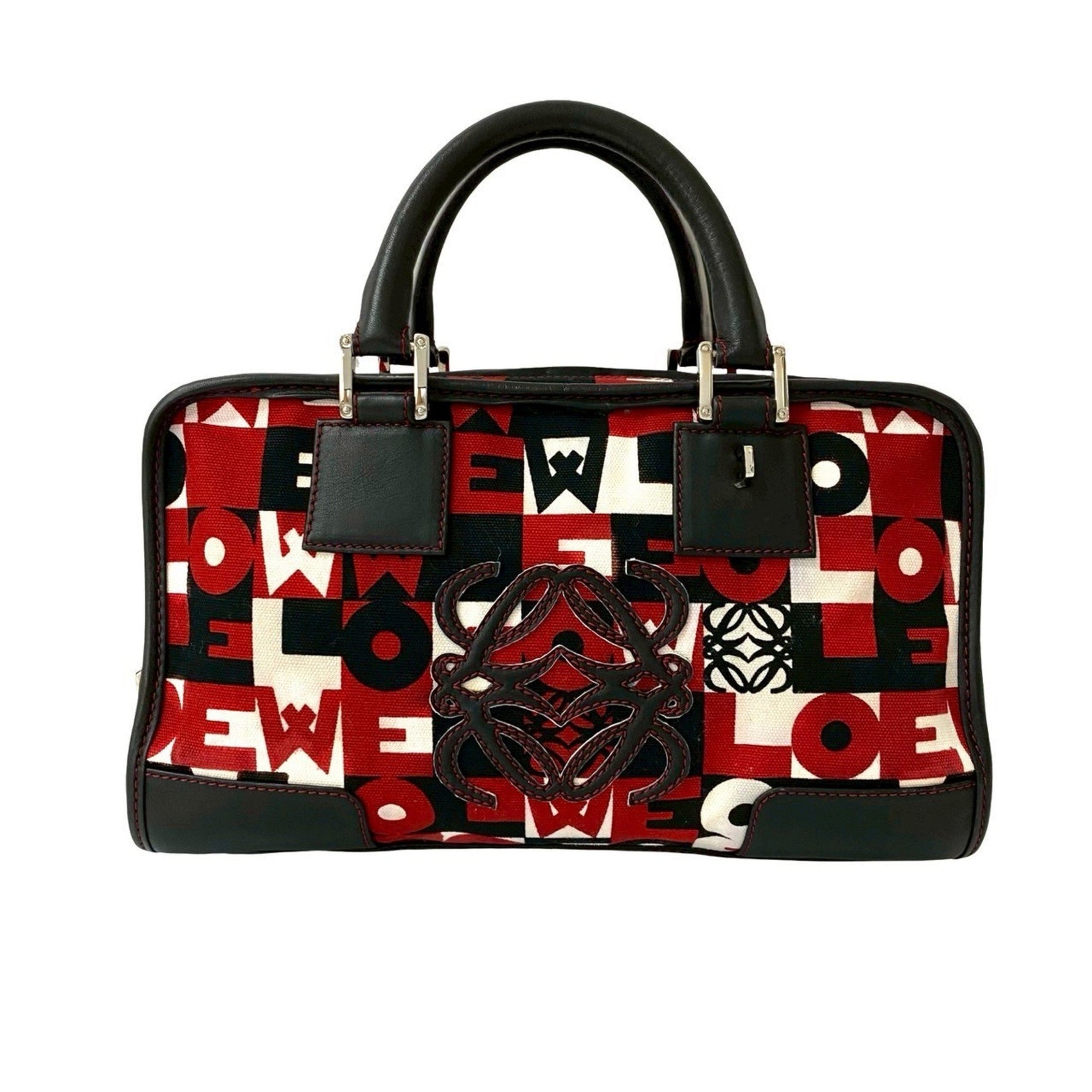 LOEWE Amazona 28 Anagram Logo Leather Canvas Handbag/Boston Bag in Red and Black