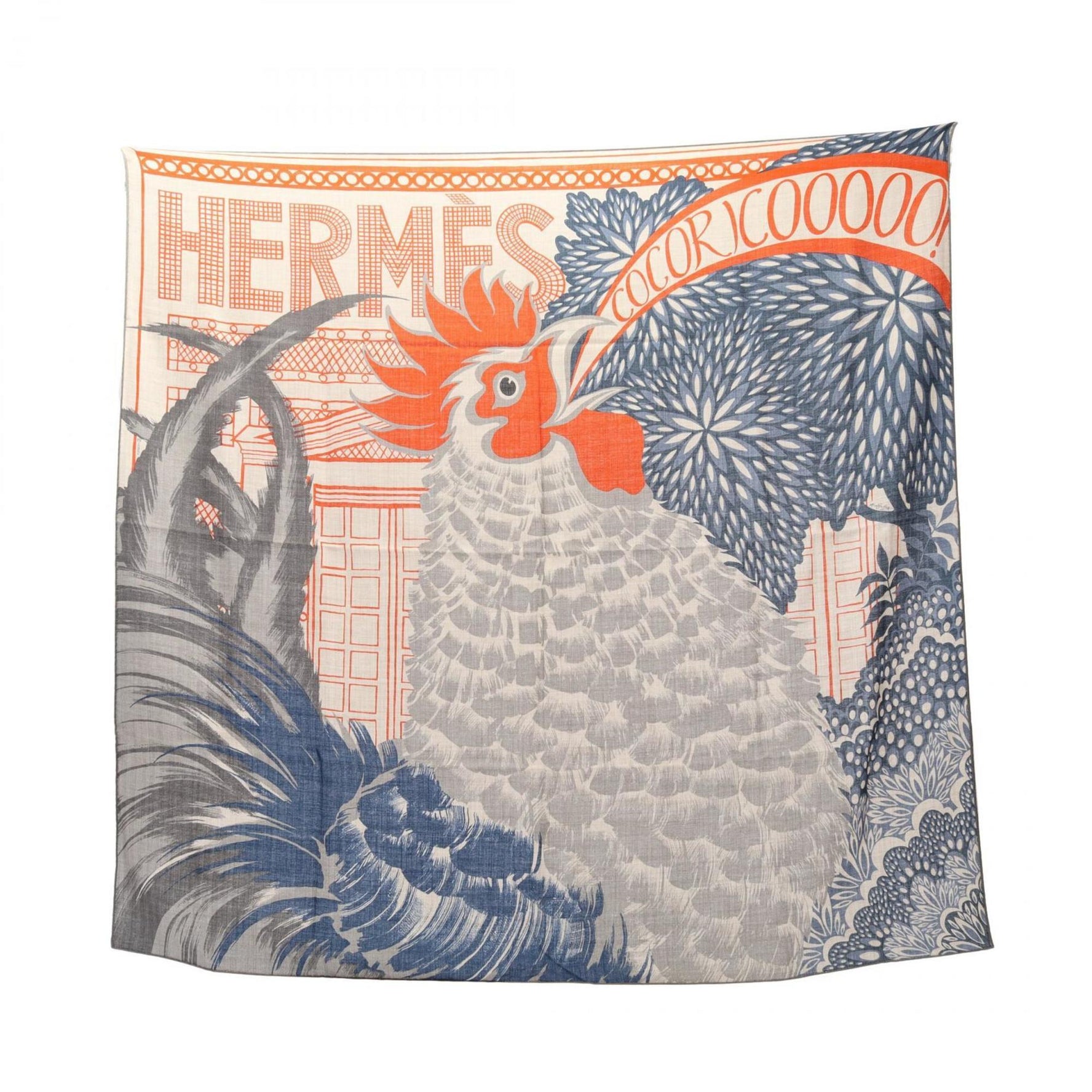 Hermes Hermès Carré 100 COCORICOOOOO! Scarf, Silk, Cashmere, Beige, Multicolor