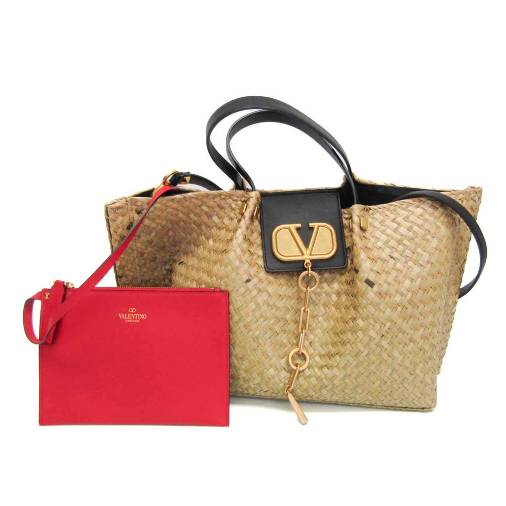 Valentino Garavani V Logo Straw,Leather Handbag Beige,Red Color