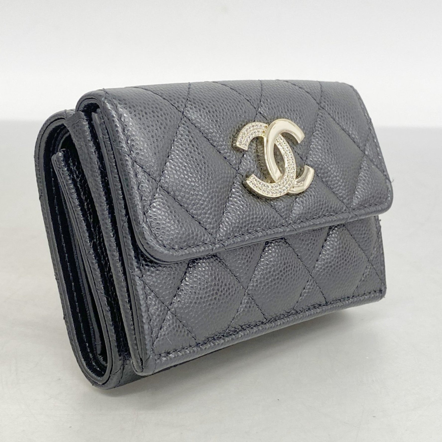 Chanel Matelasse Tri-fold Wallet in Caviar Leather, Black and Champagne, Women's