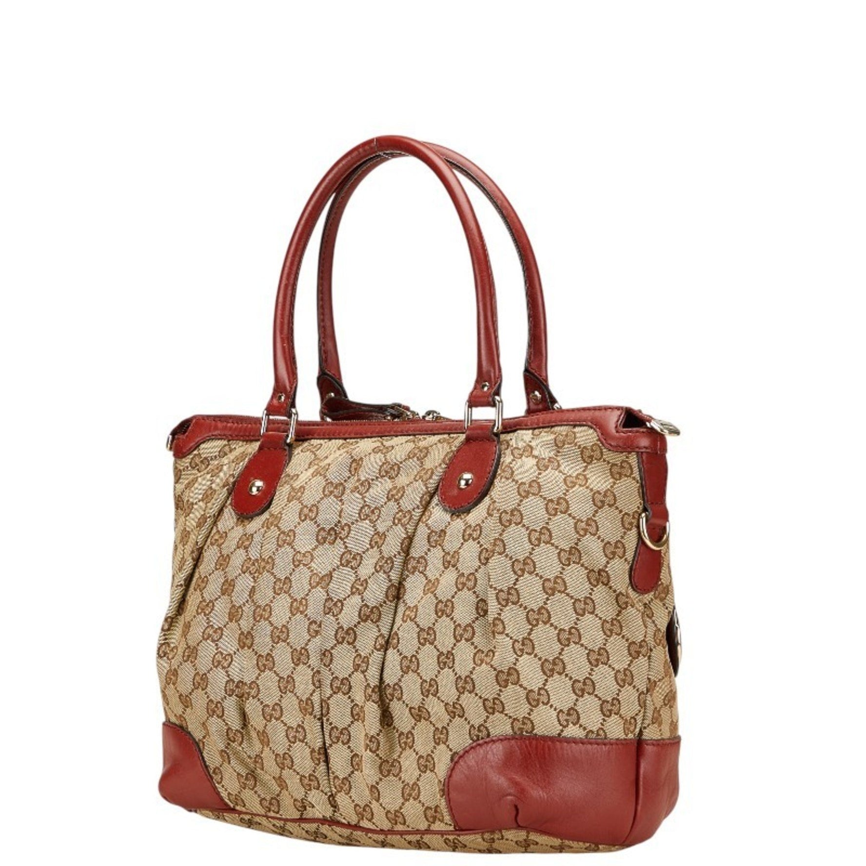 Gucci GG Canvas Diamante Tote Bag/Shoulder Bag Beige/Red Leather