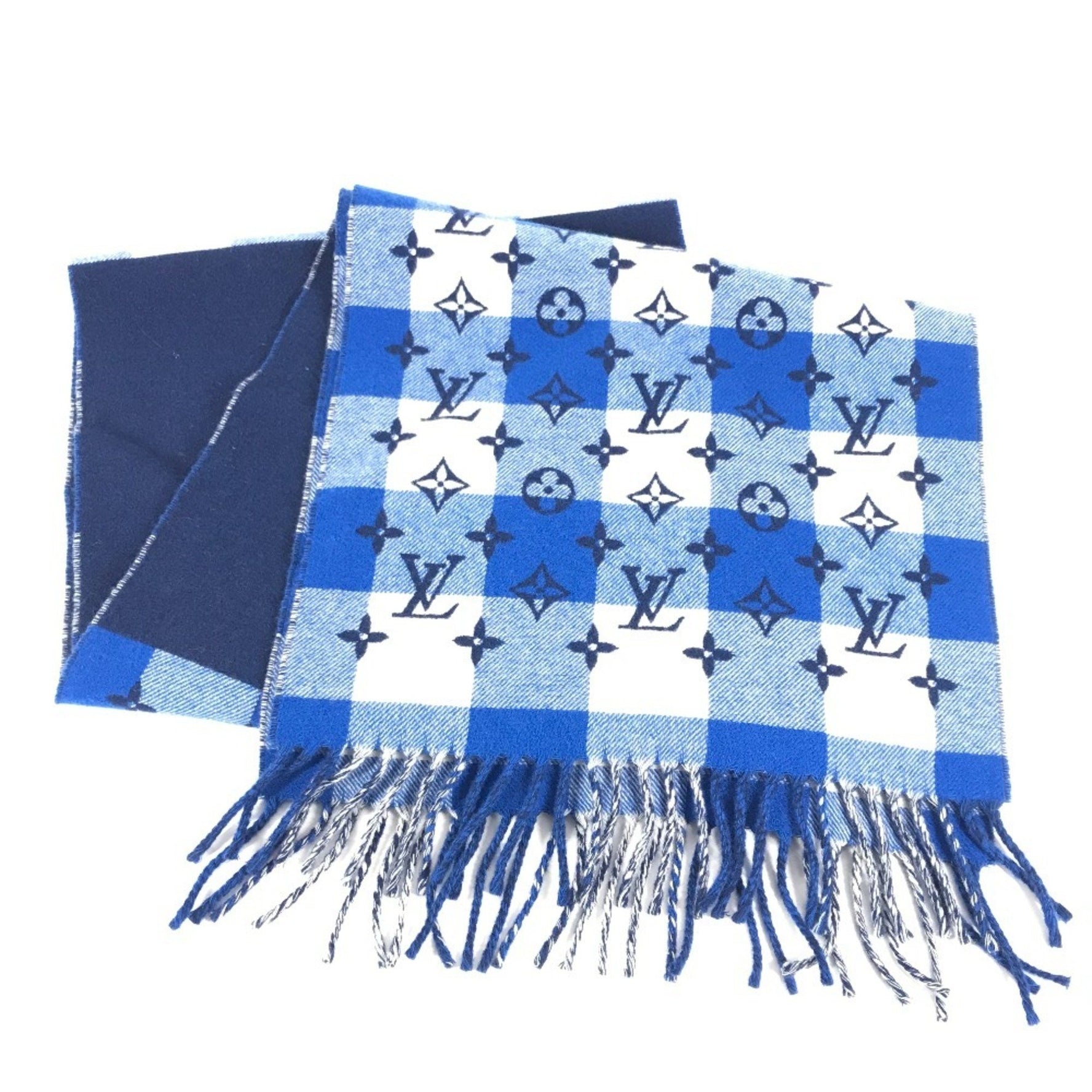 LOUIS VUITTON M76588 Echarpe Monogram Check Block Fringe Scarf, Wool/Cashmere, Women's, Blue