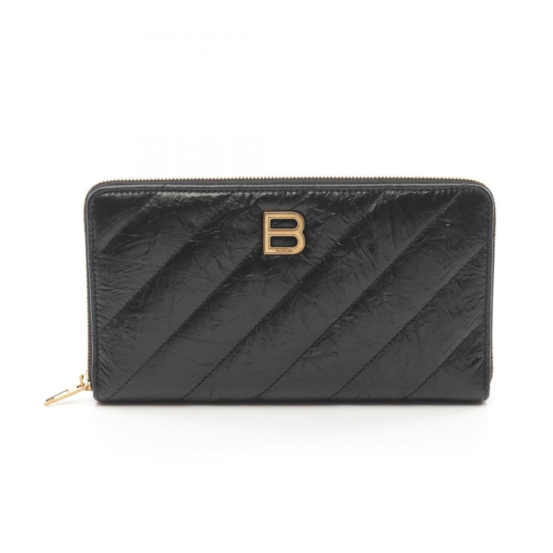 BALENCIAGA CRUSH Continental Wallet Quilted Round Long Leather Women's Black 766447210J11000