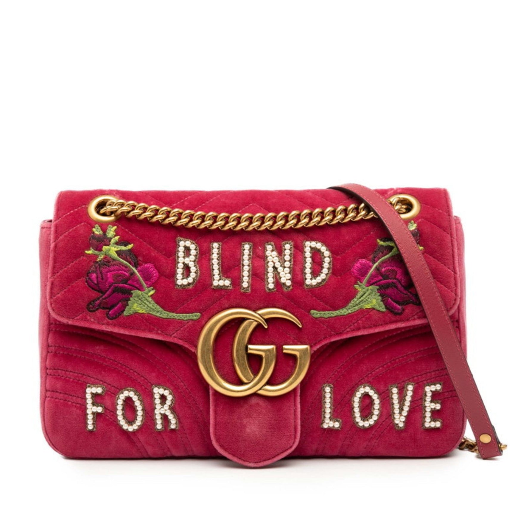 Gucci GG Marmont BLIND FOR LOVE embroidered chain shoulder bag/handbag in velour .