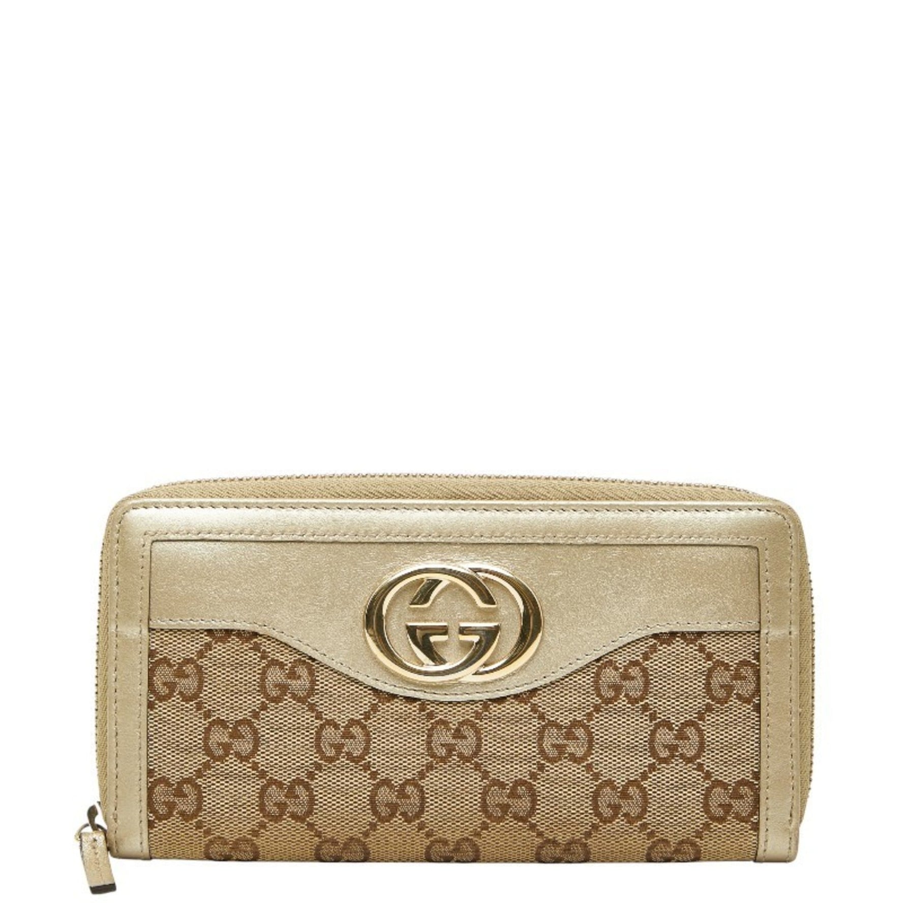 Gucci GG Canvas Interlocking G Round Zip Long Wallet Beige Gold Leather