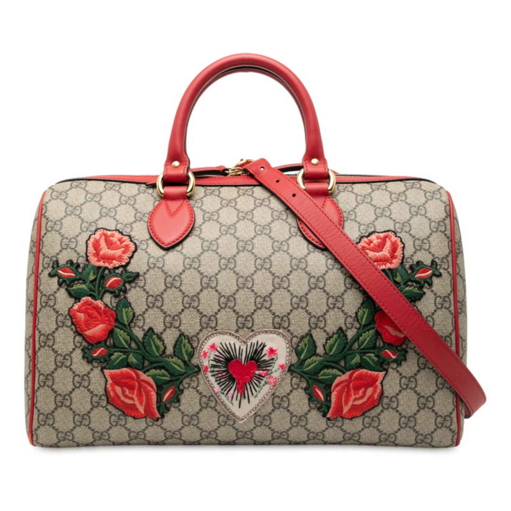 Gucci GG Supreme Floral Flower Heart Handbag/Shoulder Bag Beige Red Leather